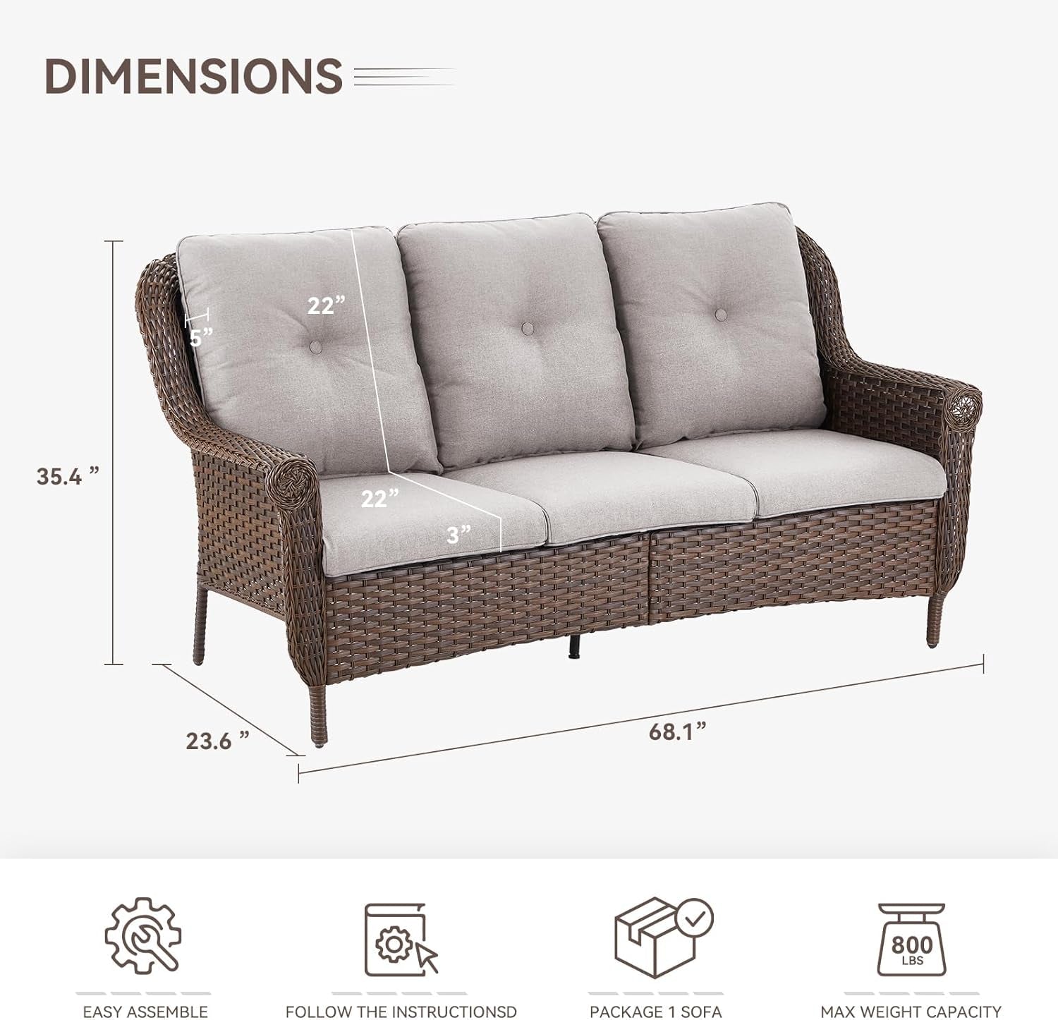 Patio Furniture Set 3PCS Conversation Set Wicker Sofa with 2 Rattan Ottomans Brown Wicker Beige Cushions Chrysanthemum Armest Rattan Couch Set for Garden Balcony Backyard Sunroom-3