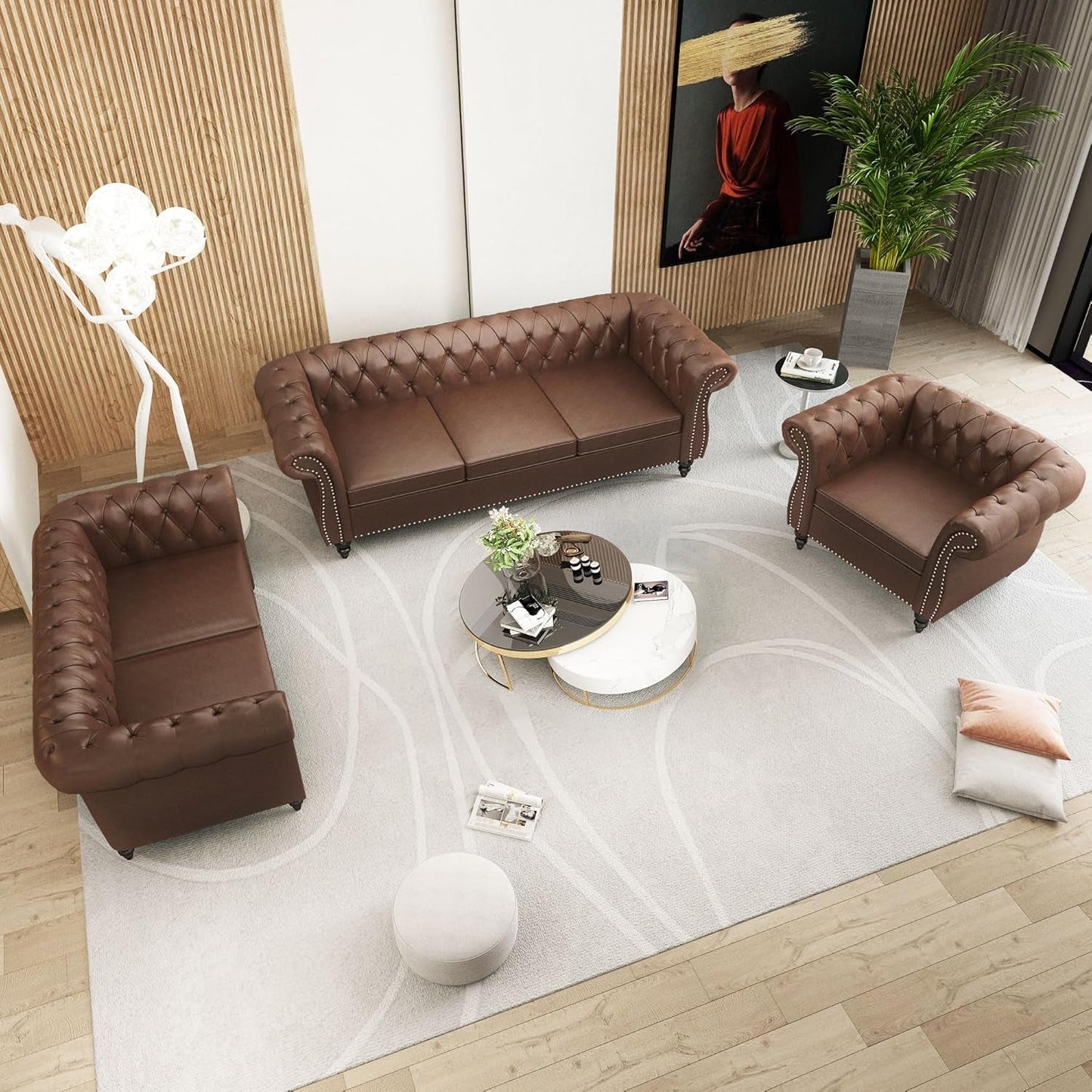 3 Piece Living Room Sofa Set, Chesterfield 3 Seat Sofa Loveseat Sofa Armchair, Modern Leather Couch Set with Rolled Arms and Nailhead Upholstered for Living Room, Office and Apartment, Brown-2