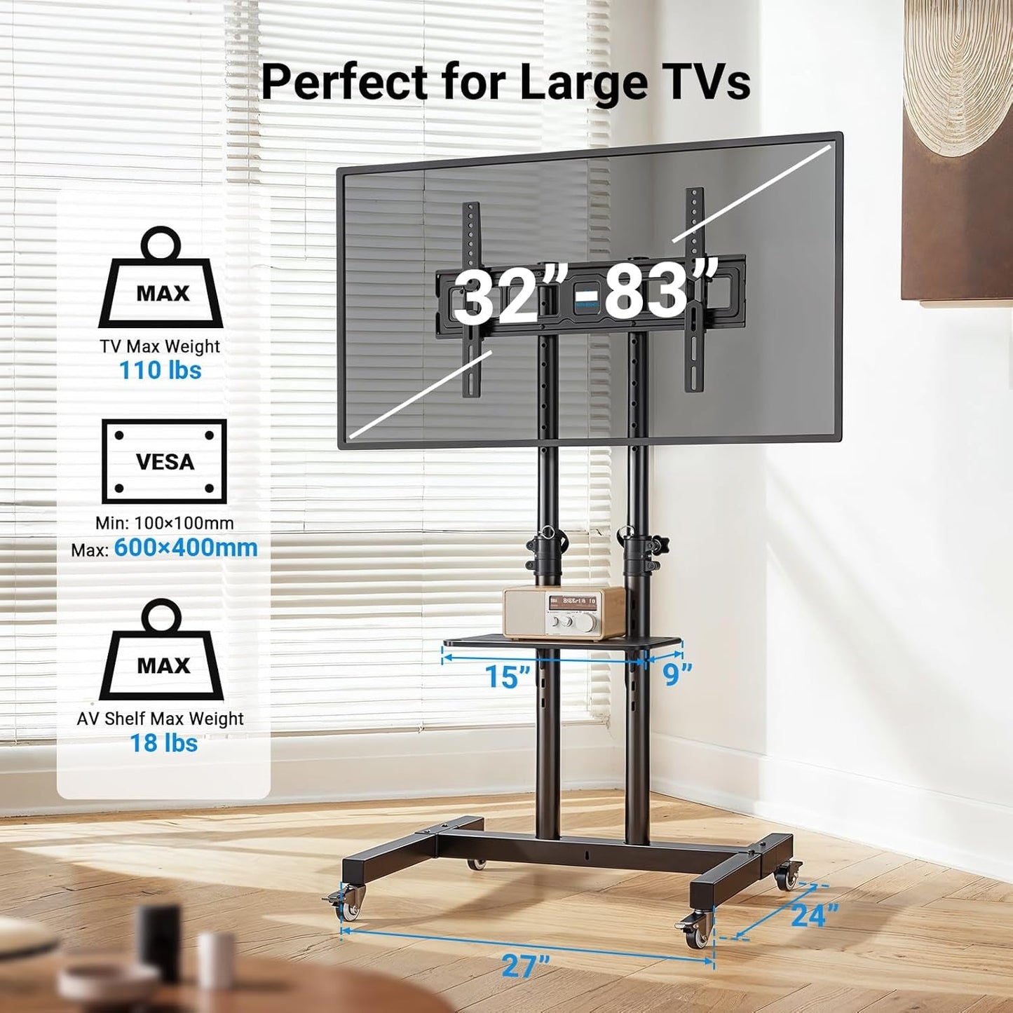 Rolling TV Stand on Wheels for 32-83 Inch Screens up to 110Lbs, Mobile TV Cart Height Adjustable Portable Outdoor TV Stand Tilt Rolling TV Cart with Shelf Max VESA 600X400Mm PSTVMC03-2