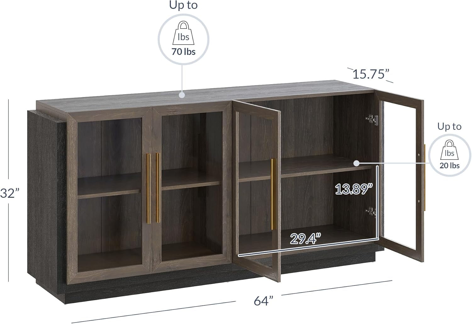 Sideboard Buffet Cabinet, Modern Wood Glass-Buffet-Sideboard with Storage, Console Table for Kitchen, Dining Room, Living Room, Hallway, or Entrance - Brixston (Brown)-2