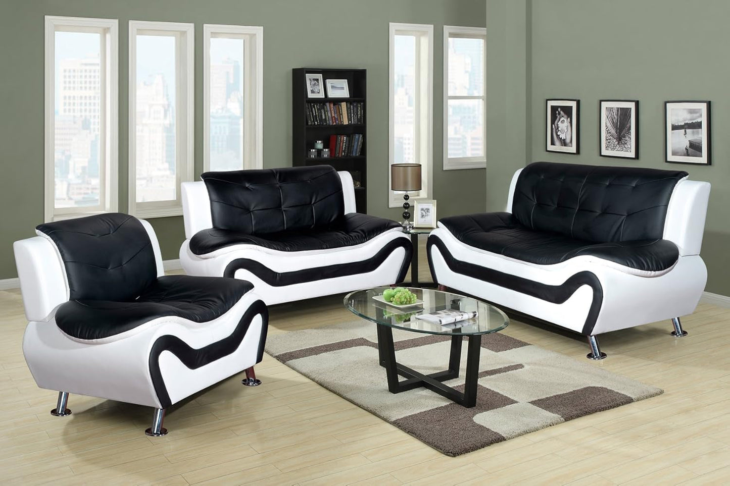 3 Piece Aldo Modern Sofa Set, Black/White-0