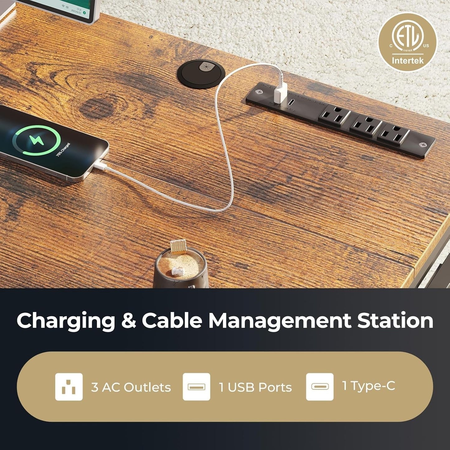 Electric Standing Desk with Drawers & Keyboard Tray, 55 Inch Height Adjustable Desk with Power Outlets, Sit Stand Table, Writing Computer Desk for Home, Office, Workstation, Rustic Brown-3