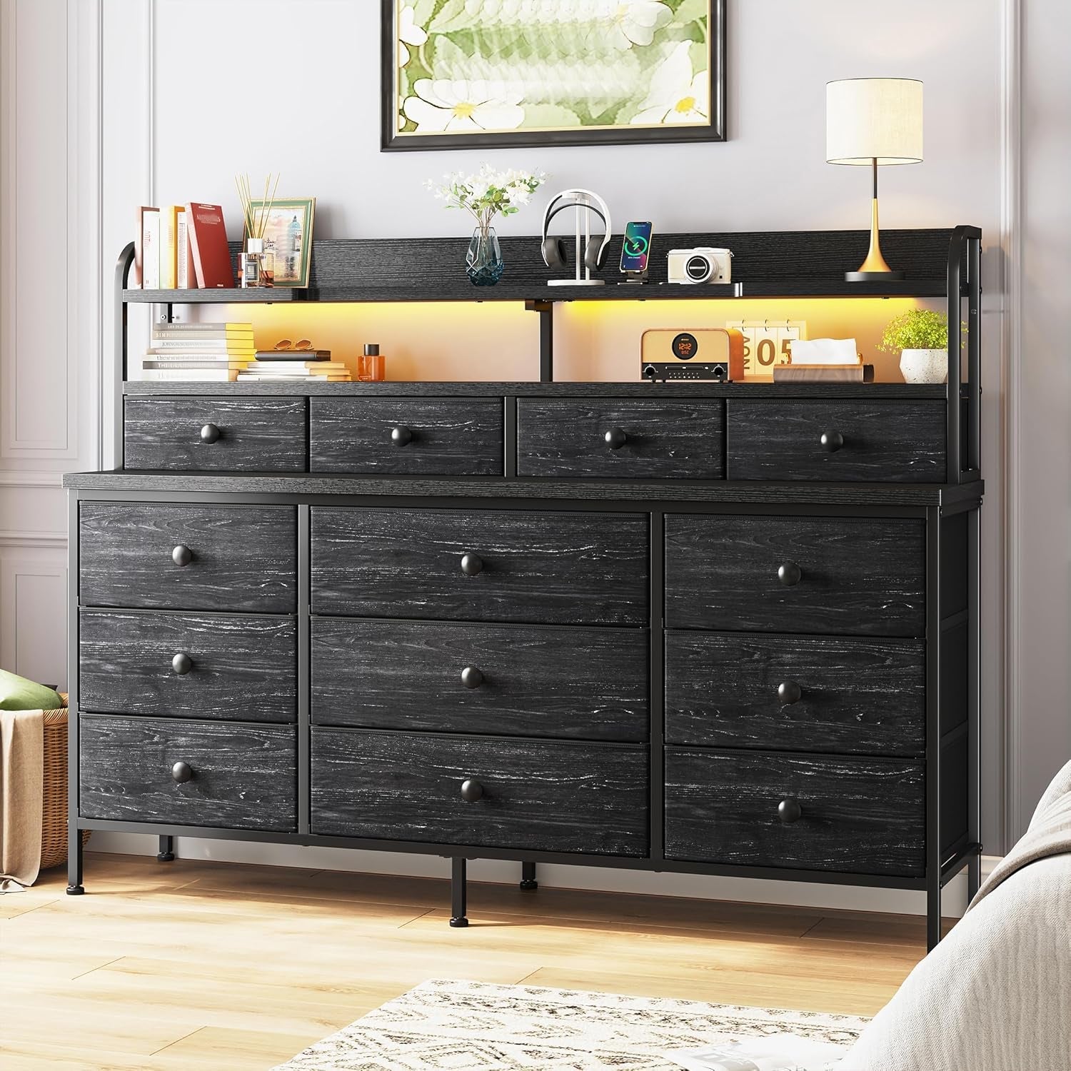 51.2" W Black Dresser with 13 Drawers and LED Lights, Black Dresser for Bedroom with Fabric Drawer, Long Dressers & Chests of Drawers, Dresser for Bedroom with Shelves for Closet-0