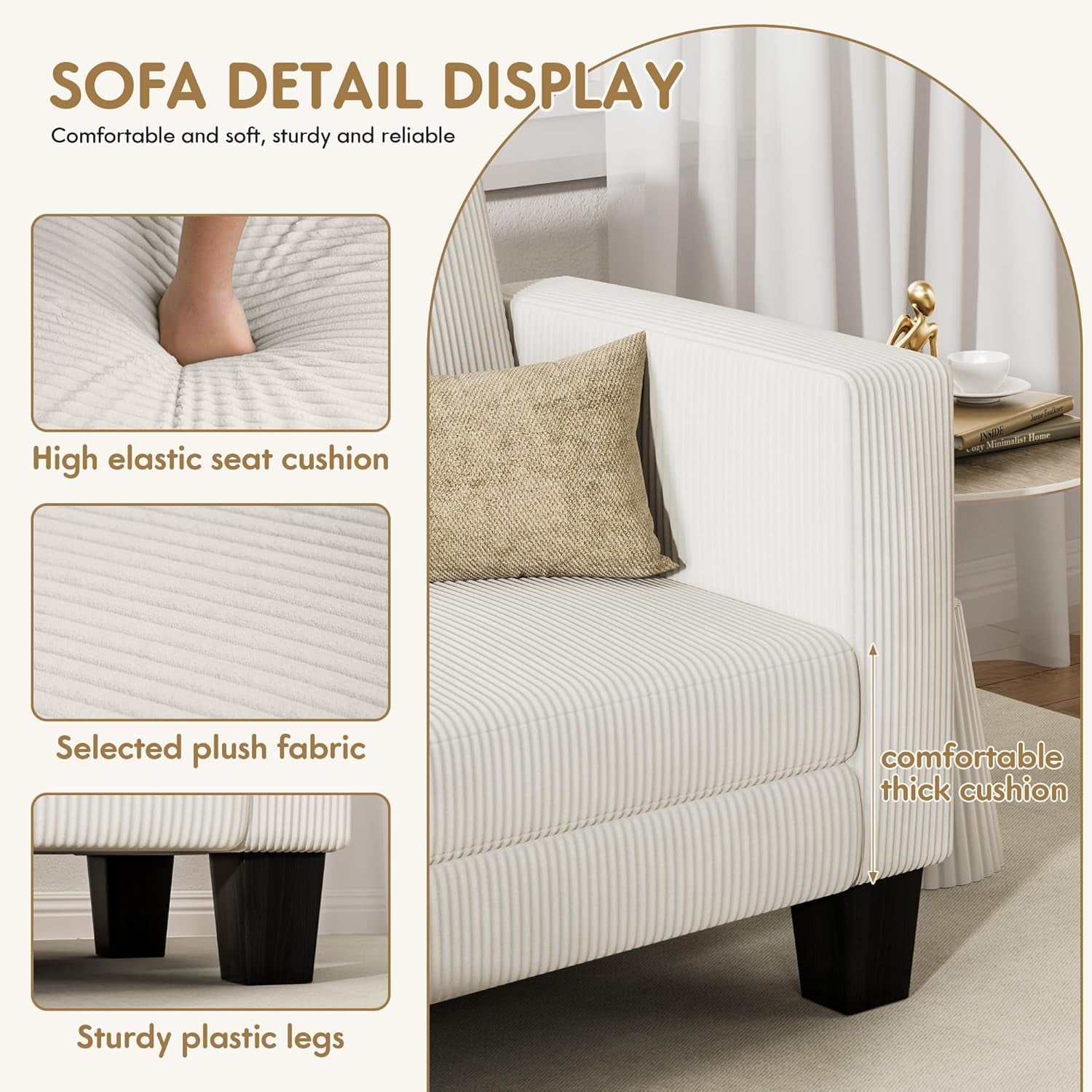 L-Shaped Convertible Sectional Sofa 3 Seater with Corduroy Fabric, Complete with Mobile Footrest, for Living Room, Apartment and Office, 70", Beige-3