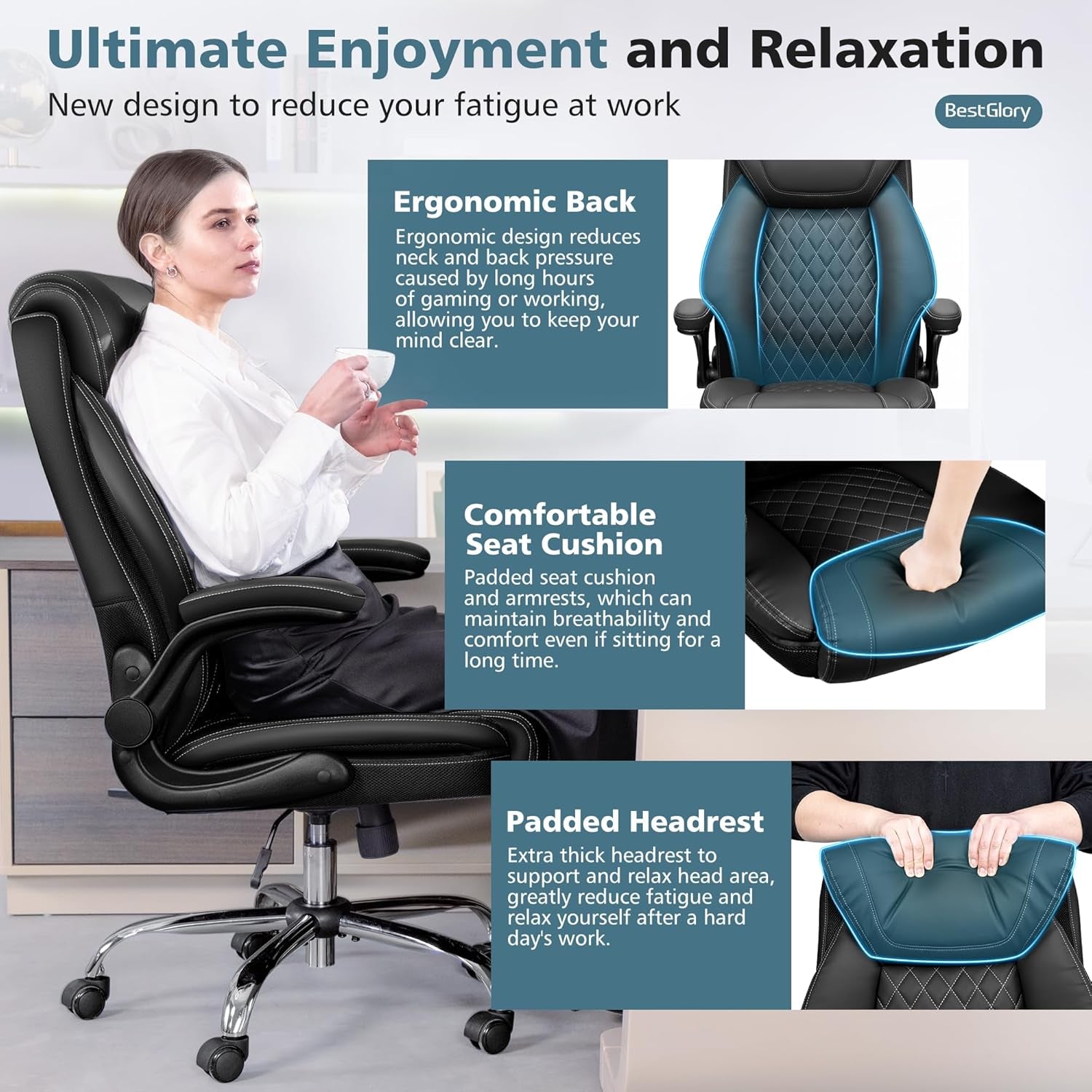 Office Chair, Ergonomic High Back Home Office Desk Chair, Big and Tall Breathable Leather Office Chair with Lumbar Support Flip-Up Armrests, Computer Chair with Rocking Function-3