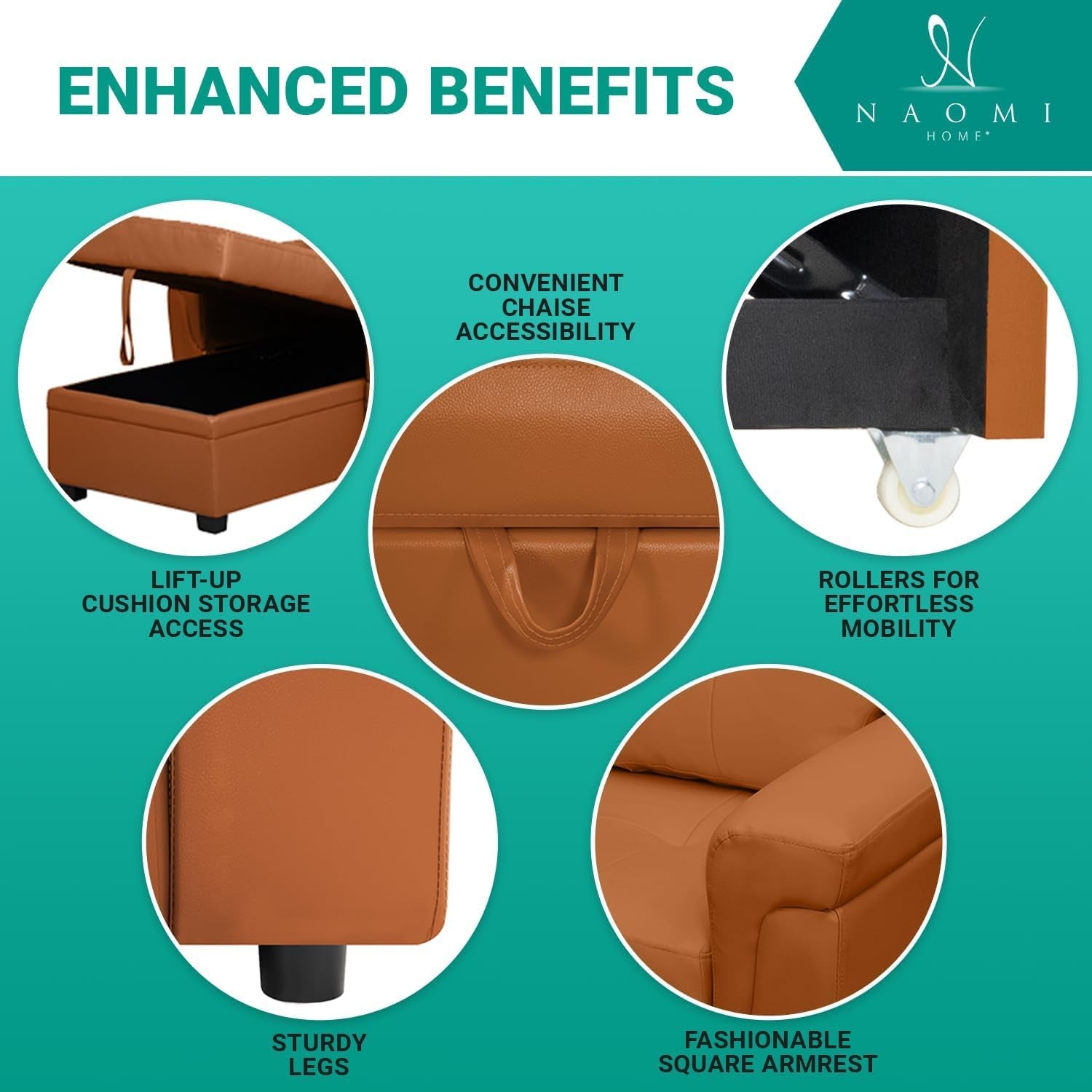 Caramel Air Leather Tufted L-Shape Sleeper Sofa Storage-4