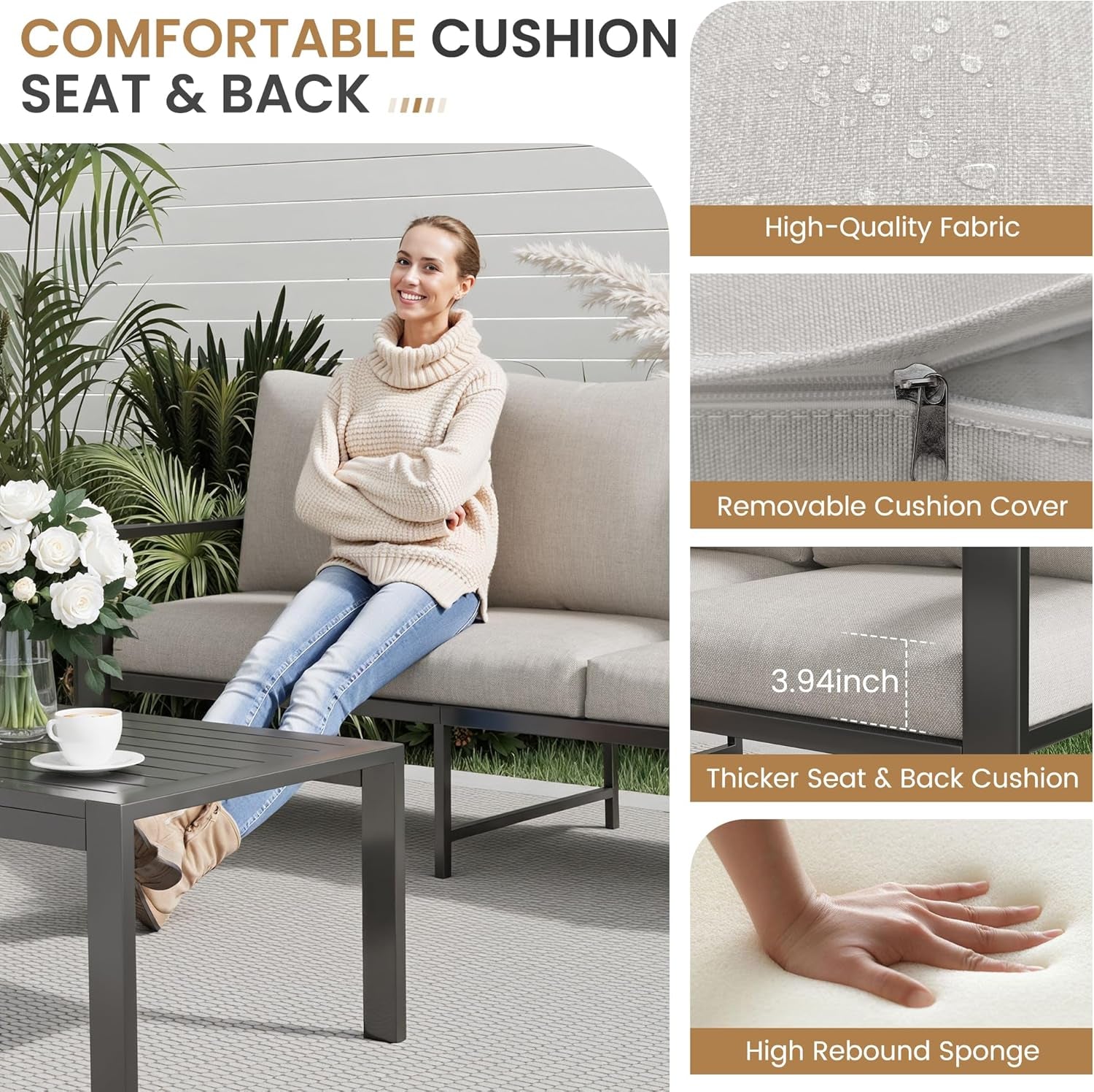 Aluminum Outdoor Furniture Sets with Cushions 5-Piece Sectional Patio Conversation Sofa Set with Coffee Table for Garden, Lawn, Backyard,Deck-2