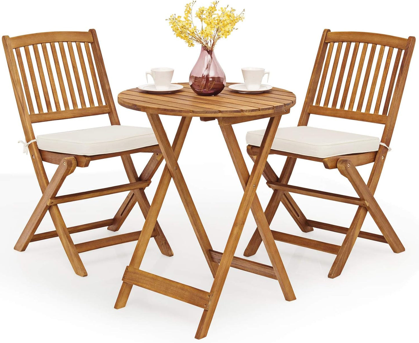 3 PCS Patio Folding Bistro Set, Outdoor Acacia Wood Chair and Table Set W/Padded Cushion& round Coffee Table, Ideal for Indoor Patio Poolside Garden (Cream)-0