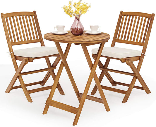 3 PCS Patio Folding Bistro Set, Outdoor Acacia Wood Chair and Table Set W/Padded Cushion& round Coffee Table, Ideal for Indoor Patio Poolside Garden (Cream)-0