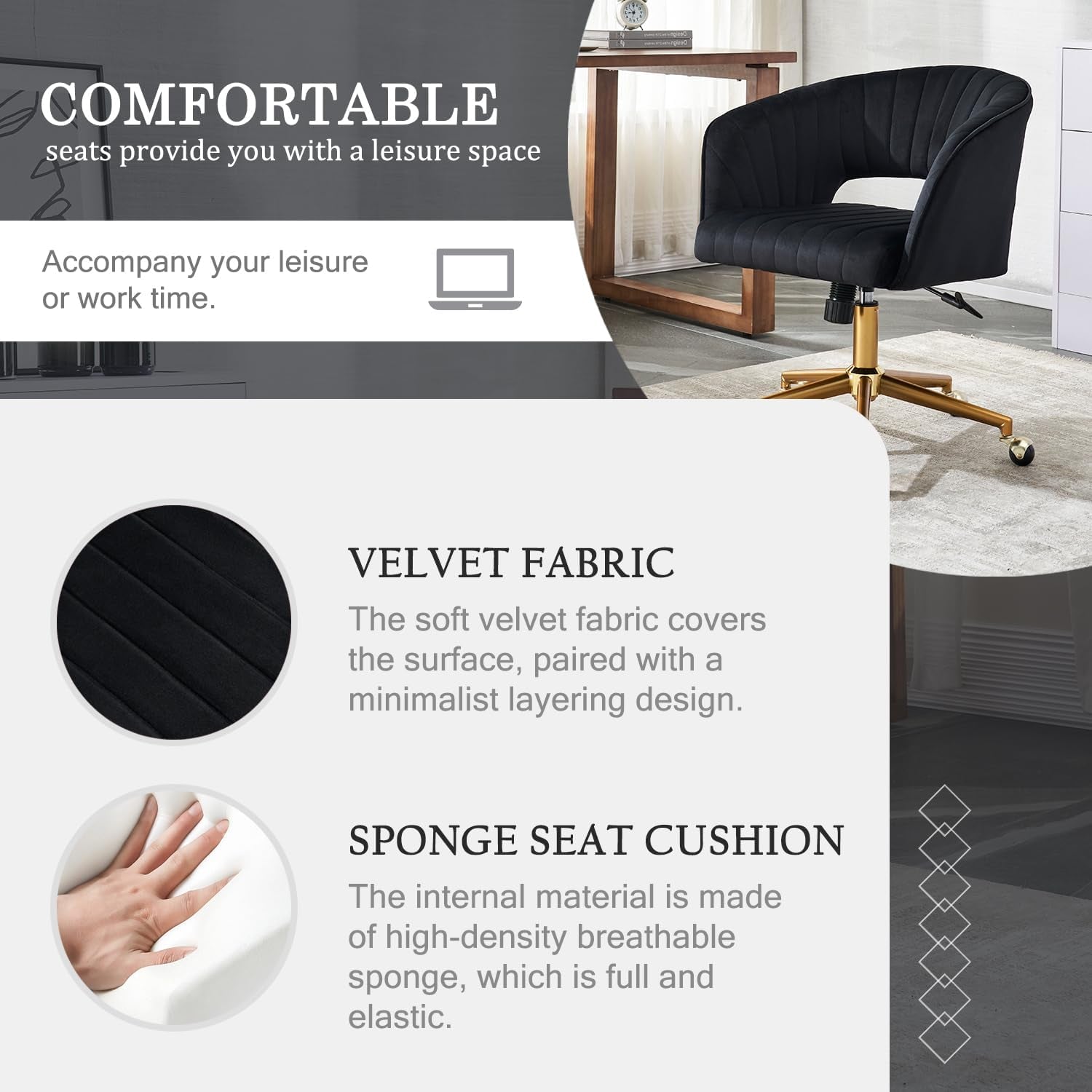 Home Office Chair Swivel Velvet Desk Chair, Vanity Chair with 360 Swivel Armchair and Gold Base,For Living Room, Bedroom, Vanity, Study (Black)-3
