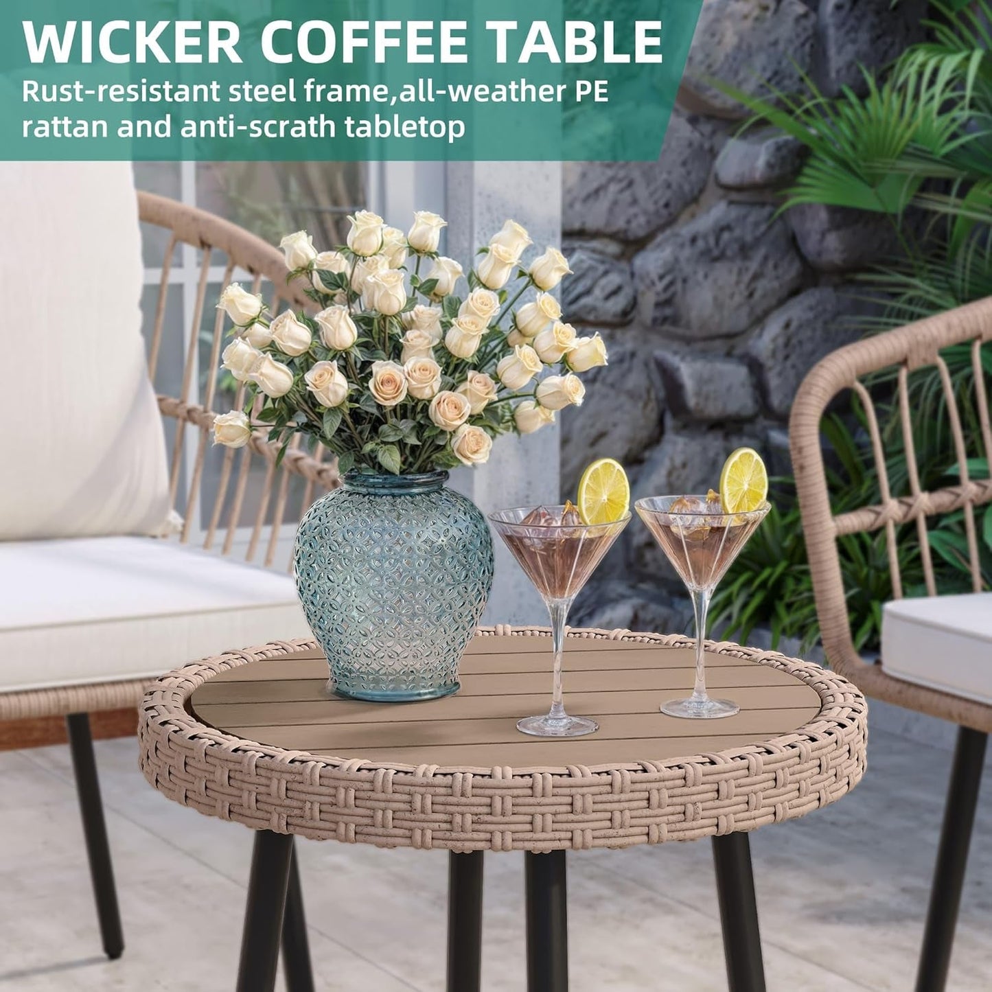 3 Pieces Outdoor Wicker Patio Conversation Bistro Set, All-Weather Rattan Patio Furniture Set with Table & Cushions, Outdoor Sectional Sofa for Patio, Balcony, Backyard, Deck-3