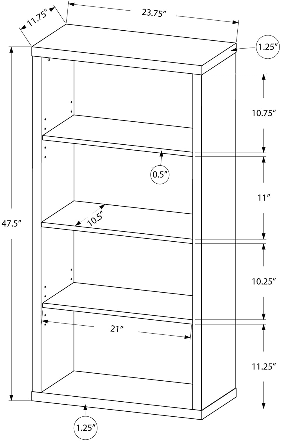 Adjustable 3-Shelf Bookcase - 48”H (Brown)-2