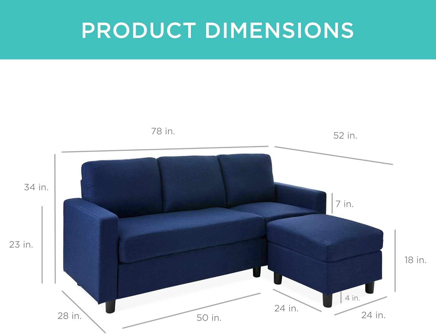 Upholstered Sectional Sofa for Home, Apartment, Dorm, Bonus Room, Compact Spaces W/Chaise Lounge, 3-Seat, L-Shape Design, Reversible Ottoman Bench, 680Lb Capacity - Dark Blue-1