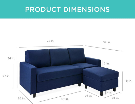 Upholstered Sectional Sofa for Home, Apartment, Dorm, Bonus Room, Compact Spaces W/Chaise Lounge, 3-Seat, L-Shape Design, Reversible Ottoman Bench, 680Lb Capacity - Dark Blue-1