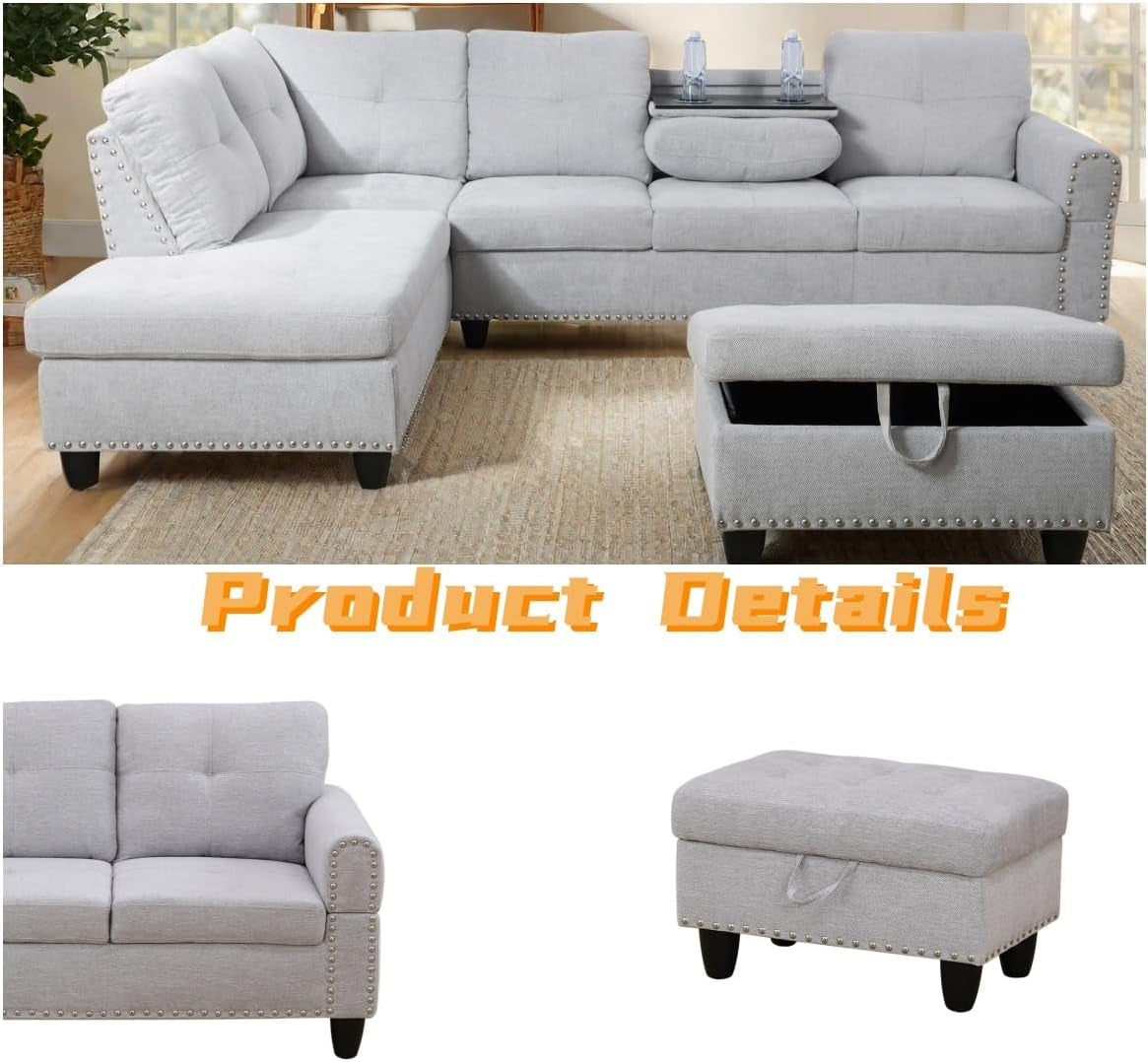 L Shaped Sectional Couch with Otttoman, 97" Sectional Sofa for Living Room Flannel Modular Couches with Cup Holders for Bedroom, Apartments, Grey White-3