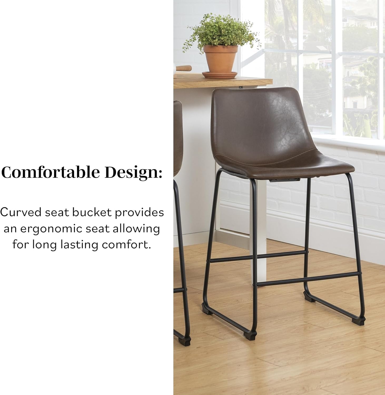 Douglas Urban Industrial Faux Leather Armless Counter Chairs, Set of 2, Brown-4