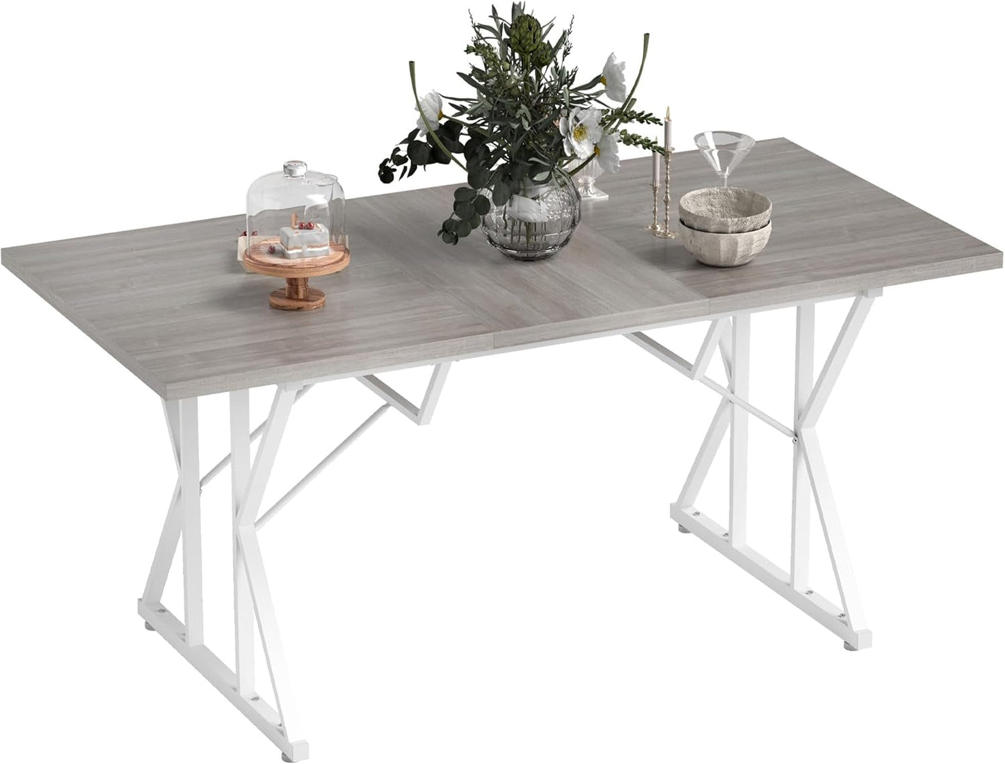 63"-47" Expandable Dining Table for 4-6 People, Farmhouse Extendable Dining Room Table with Heavy Duty Metal Trestle Base, Rectangle Kitchen Table, Distressed Gray-0