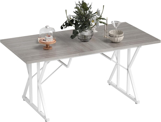 63"-47" Expandable Dining Table for 4-6 People, Farmhouse Extendable Dining Room Table with Heavy Duty Metal Trestle Base, Rectangle Kitchen Table, Distressed Gray-0