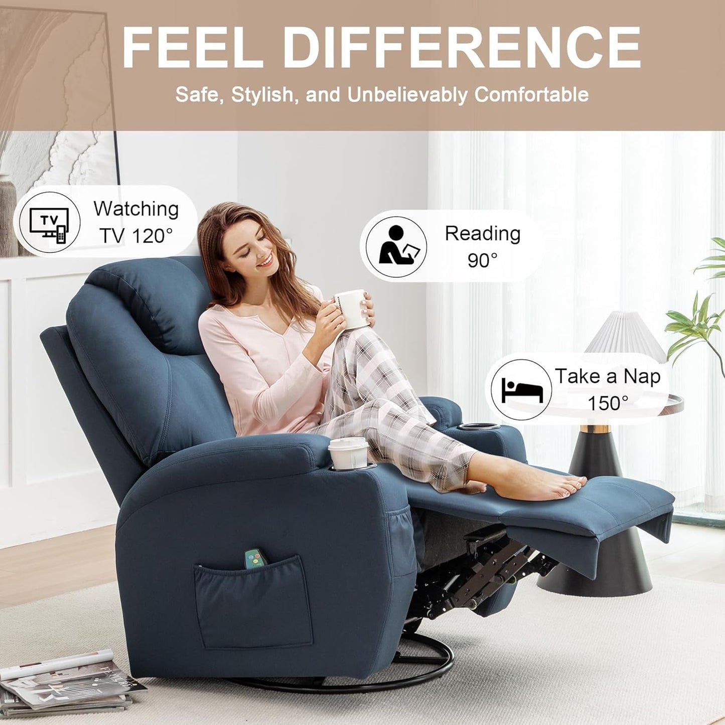 Recliner Chair, Rocking Chair with Massage and Heat, 360° Swivel Recliner Chairs for Adults, Rocker Manual Recliner with Remote Control and Cup Holder for Living Room, Bedroom, Nursery-4