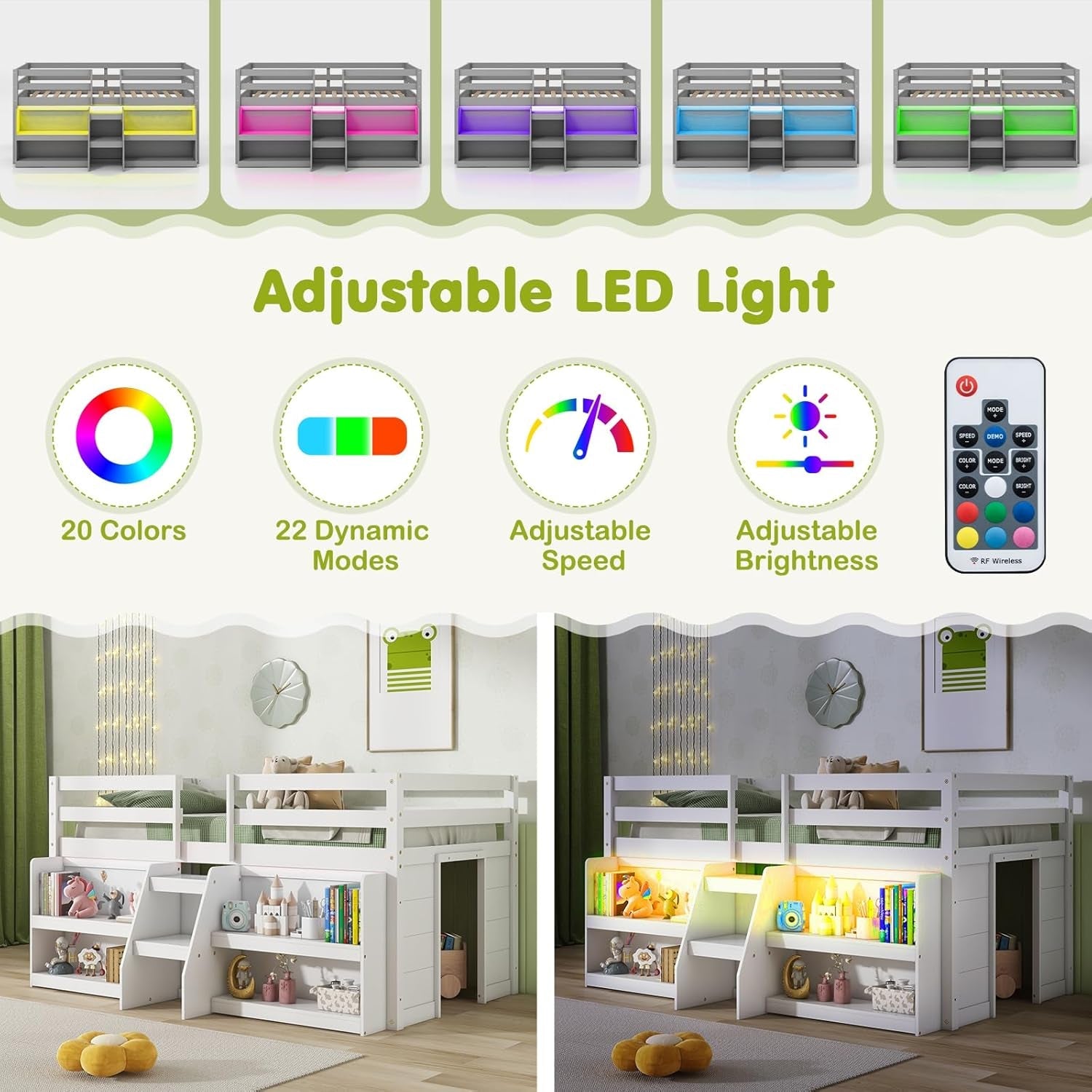 Low Loft Bed with LED Lights, Wooden Twin Loft Bed with Stairs & Safety Guardrail, Loft Bed Twin Size with Storage Bookcase and Under-Bed Play Space, Loft Bed for Kids (White)-4