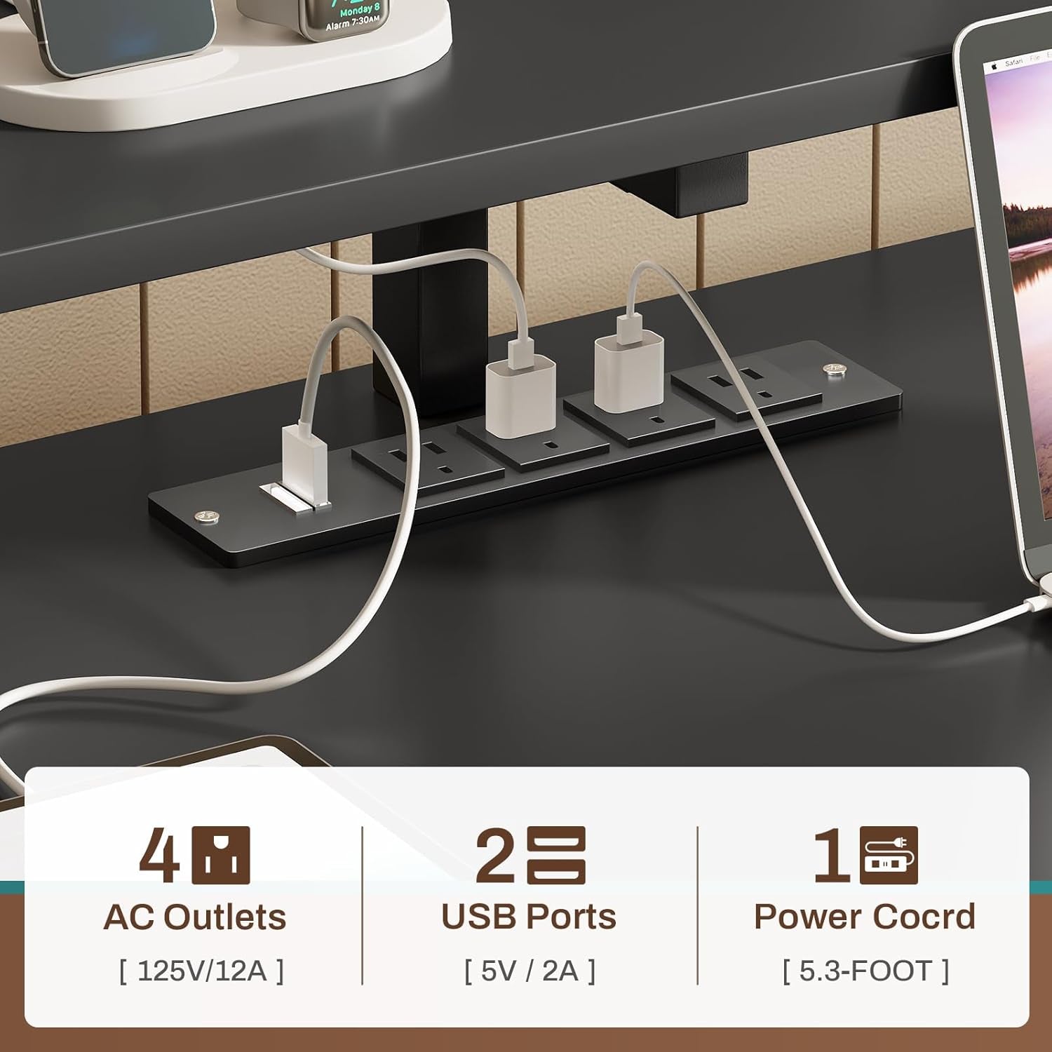 Computer Desk with 5 Drawer, Power Outlet & Led Lights, 66'' Home Office Desk with File Drawer, Storage, Monitor Shelf, Gaming Desk, Black-3