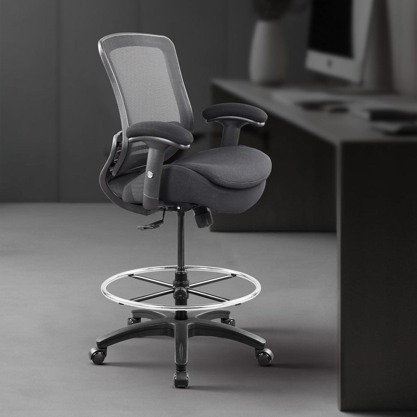 400Lbs Mid Back Mesh Ergonomic Drafting Chair Big Adjustable Foot Ring Height Adjustable Armrest (Black) ﻿-1