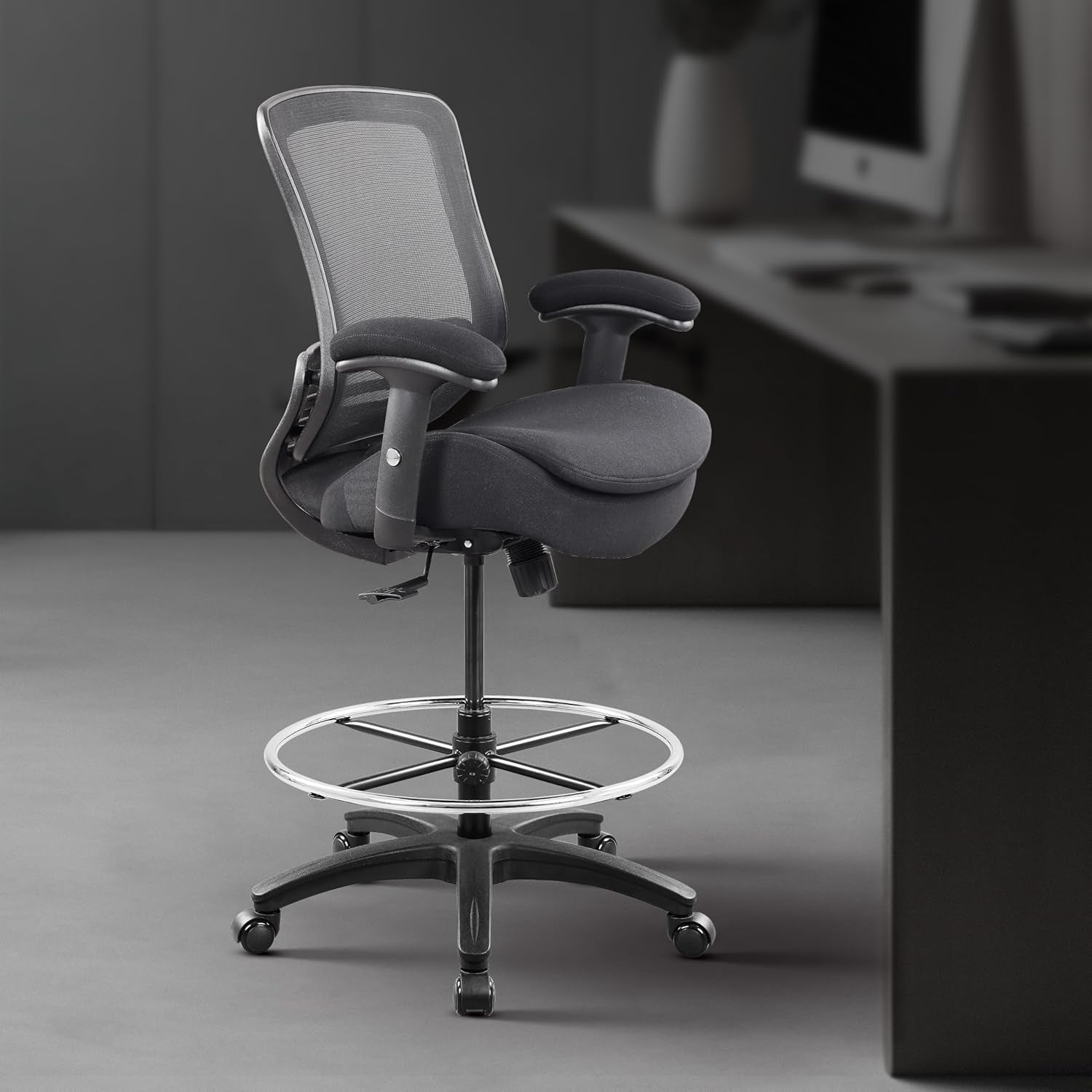 400Lbs Mid Back Mesh Ergonomic Drafting Chair Big Adjustable Foot Ring Height Adjustable Armrest (Black) ﻿-1