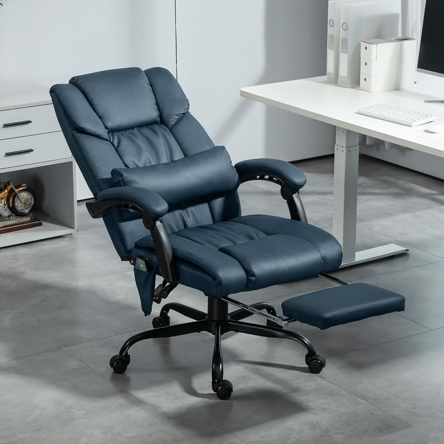 High Back Massage Office Chair with 6 Vibration Points, PU Leather Reclining Computer Chair, Ergonomic Desk Chair with Footrest Adjustable Height and Remote, Blue-1