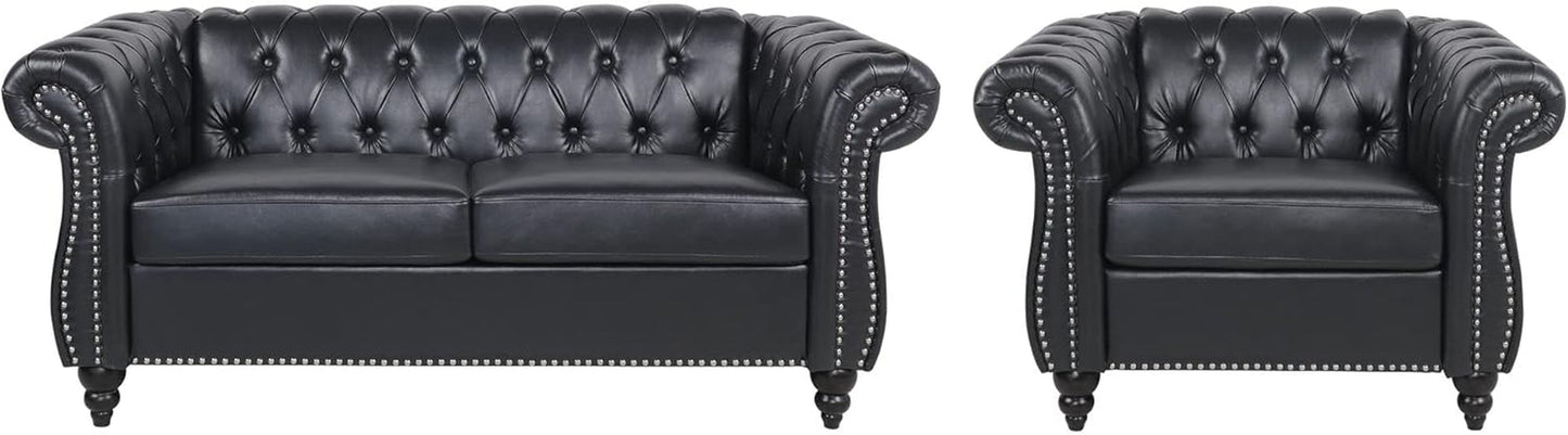 2 Pieces of Living Room Furniture Sofa Sets,Modern Contemporary Tufted Button Faux Leather Accent Club Chair&Chesterfield Loveseat Sofas Set with Nailhead Trim Scroll Arms for Home,Black-3