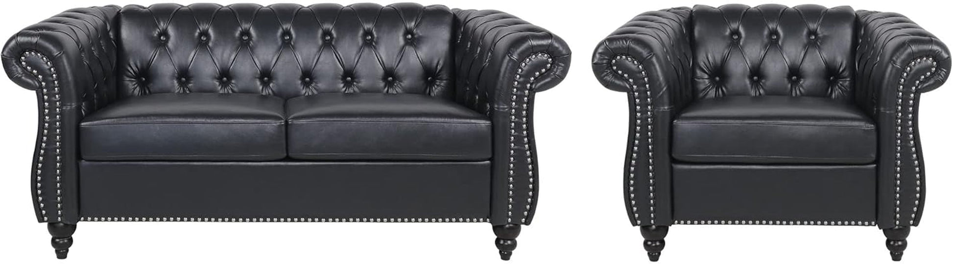2 Pieces of Living Room Furniture Sofa Sets,Modern Contemporary Tufted Button Faux Leather Accent Club Chair&Chesterfield Loveseat Sofas Set with Nailhead Trim Scroll Arms for Home,Black-3
