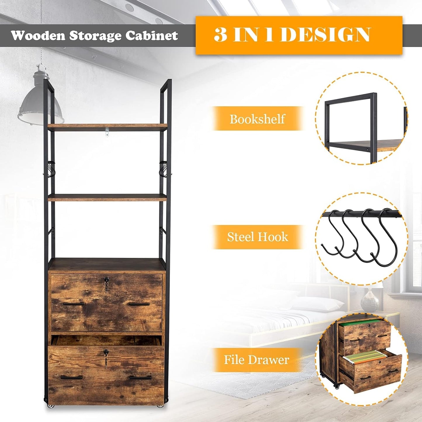 Brown Wooden File Cabinet, 2 Drawers, Lock-4