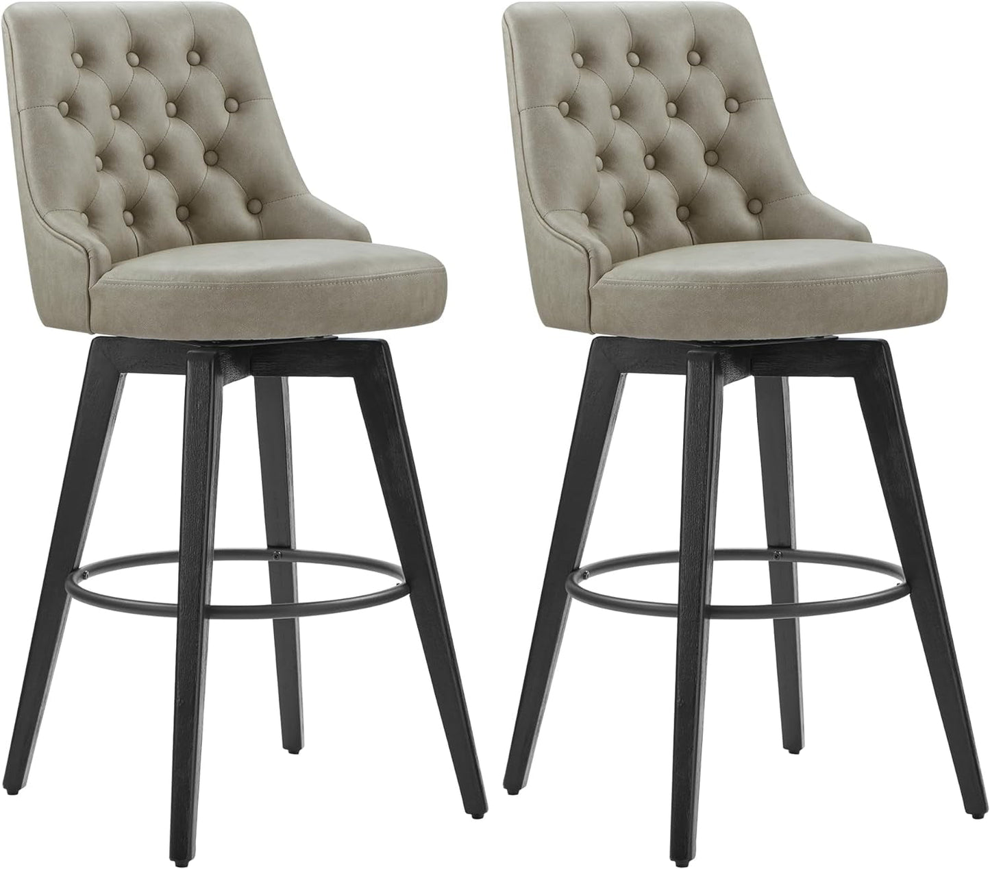 Bar Stools, 360° Swivel Upholstered Bar Stool with Back, 30" H Bar Height Barstools, Set of 2, Faux Leather in Stone Grey-0