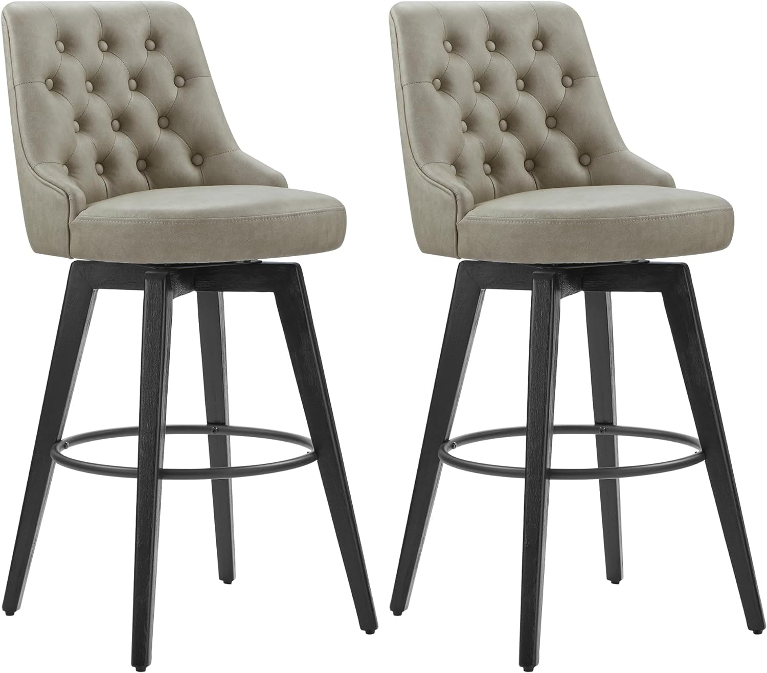 Bar Stools, 360° Swivel Upholstered Bar Stool with Back, 30" H Bar Height Barstools, Set of 2, Faux Leather in Stone Grey-0