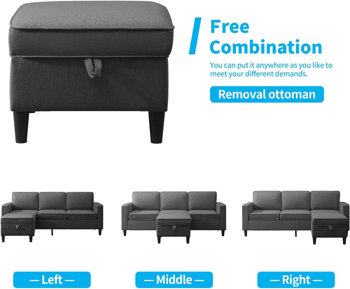 3PCS Convertible Sofa Set, Linen Upholstered Couch Set with Side Pockets, Modern Living Room Sofa with Storage Ottoman, Couch for Living Room Apartment (Dark Grey, Sectional Sofa + Single)-2