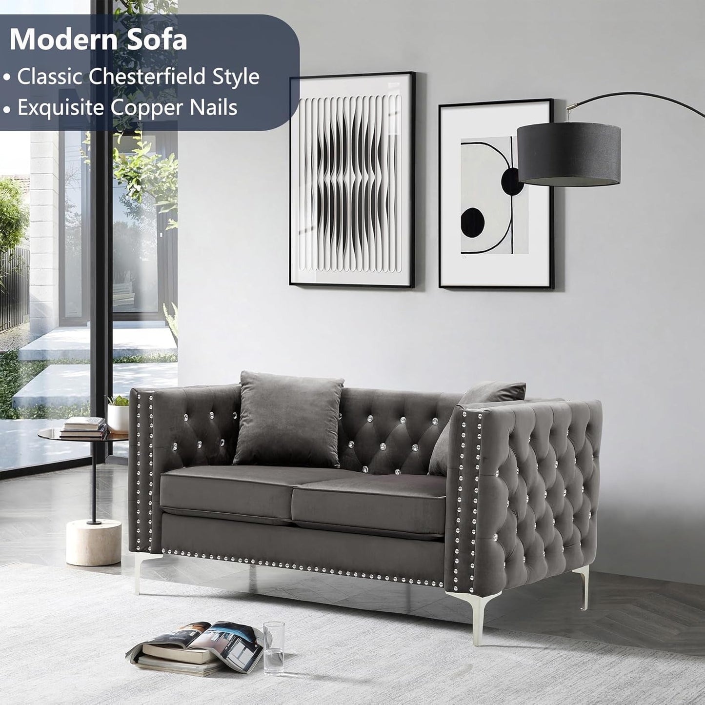 2 Piece Modern Velvet Upholstered Living Room Sofa Set with 3-Seater Sofa and Loveseat, Jeweled Button Tufted Copper Nails Square Arms, 4 Pillows Included, Grey,5 Seater (Grey + Velvet)-3