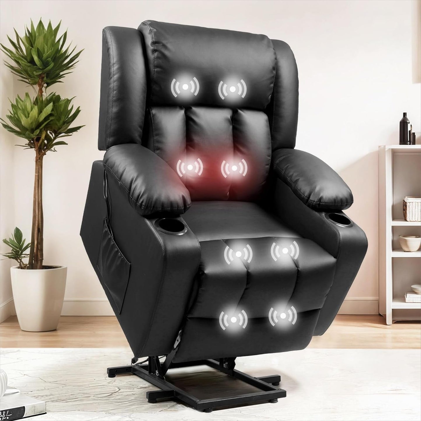 XL31 Power Lift Recliner Chair for Elderly, Oversized Electric Leather Lift Chair with Cup Holders, Side Pockets, Massage Reclining Chair Sofa for Living Room Bedroom (Black)-0