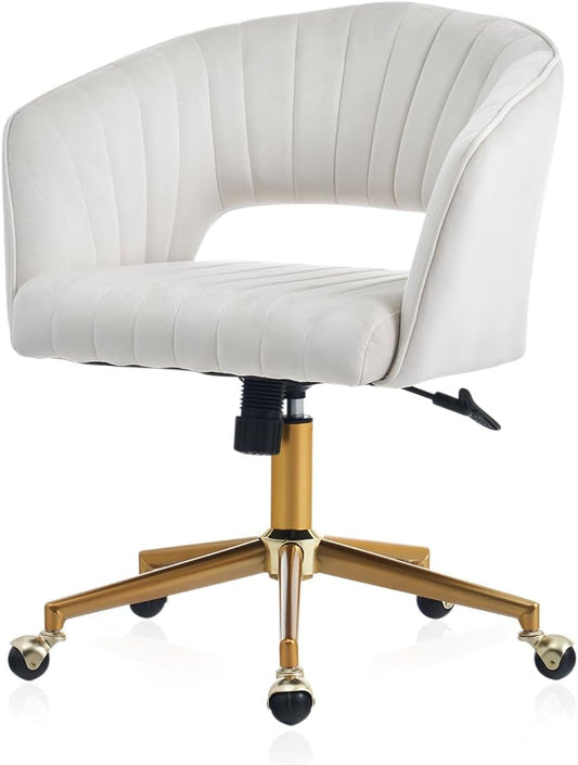 Home Office Chair Swivel Velvet Desk Chair, Vanity Chair with 360 Swivel Armchair and Gold Base,For Living Room, Bedroom, Vanity, Study (Beige)-0