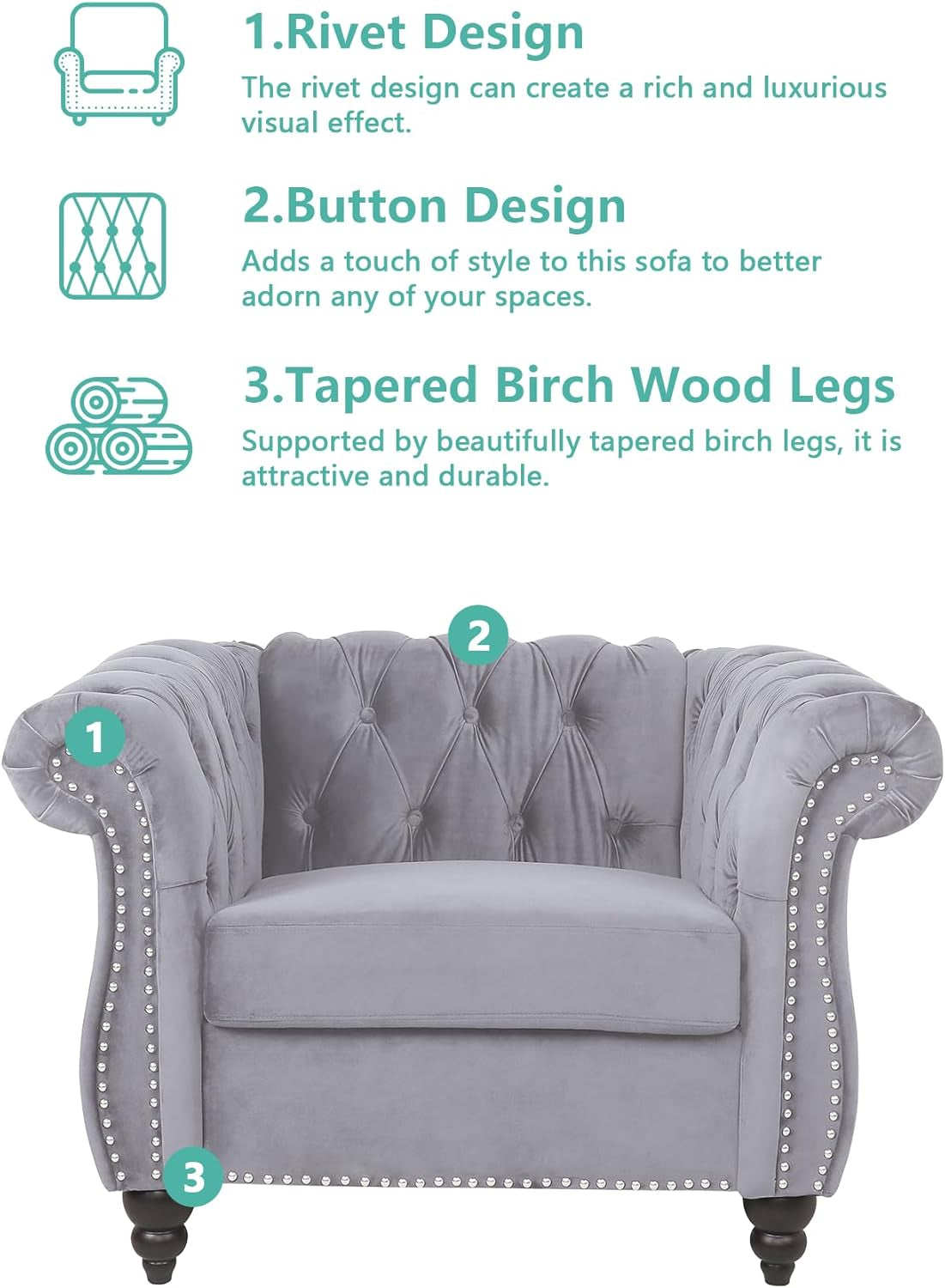 3 Piece Living Room Set, Sectional Chesterfield Sofa Chair Contemporary Upholstered Velvet Loveseat Couch Sets for Living Room, Bedroom, Office-2