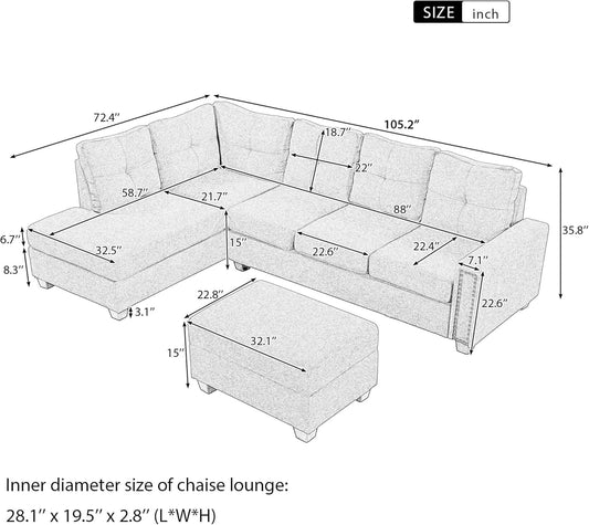 Sectional Sofa with Reversible Chaise Lounge, L-Shaped Sofa with Storage Ottoman and Cup Holders, Nail Head Detail, Sectional Couches Living Room Furniture Sets (Grey)-1