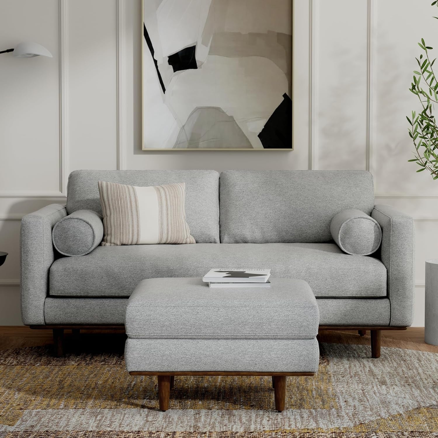 Morrison Mid-Century Modern 72 Inch Wide Sofa with Ottoman Set in Mist Grey Woven-Blend Fabric for the Living Room and Family Room-1