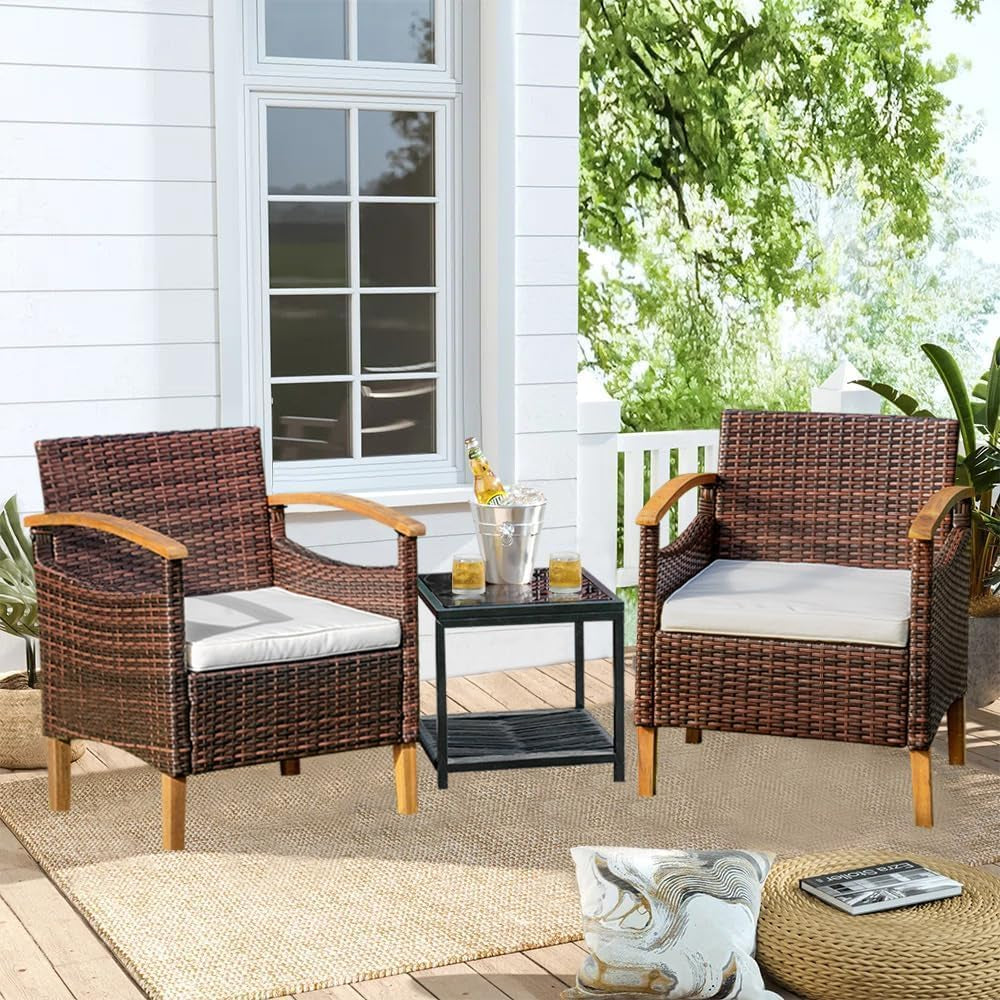 3PCS Outdoor Patio Furniture Set Outdoor Furniture Set with Table outside Lawn Patio Chairs Set of 2 Patio Conversation Sets Bistro Wicker Patio Set for Backyard Porch Balcony Garden (Brown)-0