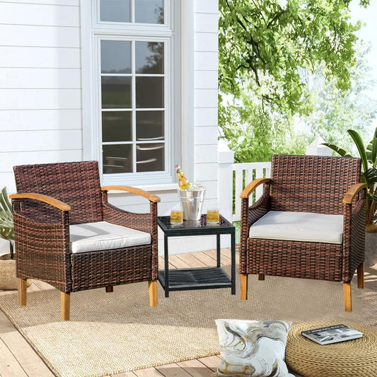 3PCS Outdoor Patio Furniture Set Outdoor Furniture Set with Table outside Lawn Patio Chairs Set of 2 Patio Conversation Sets Bistro Wicker Patio Set for Backyard Porch Balcony Garden (Brown)-0