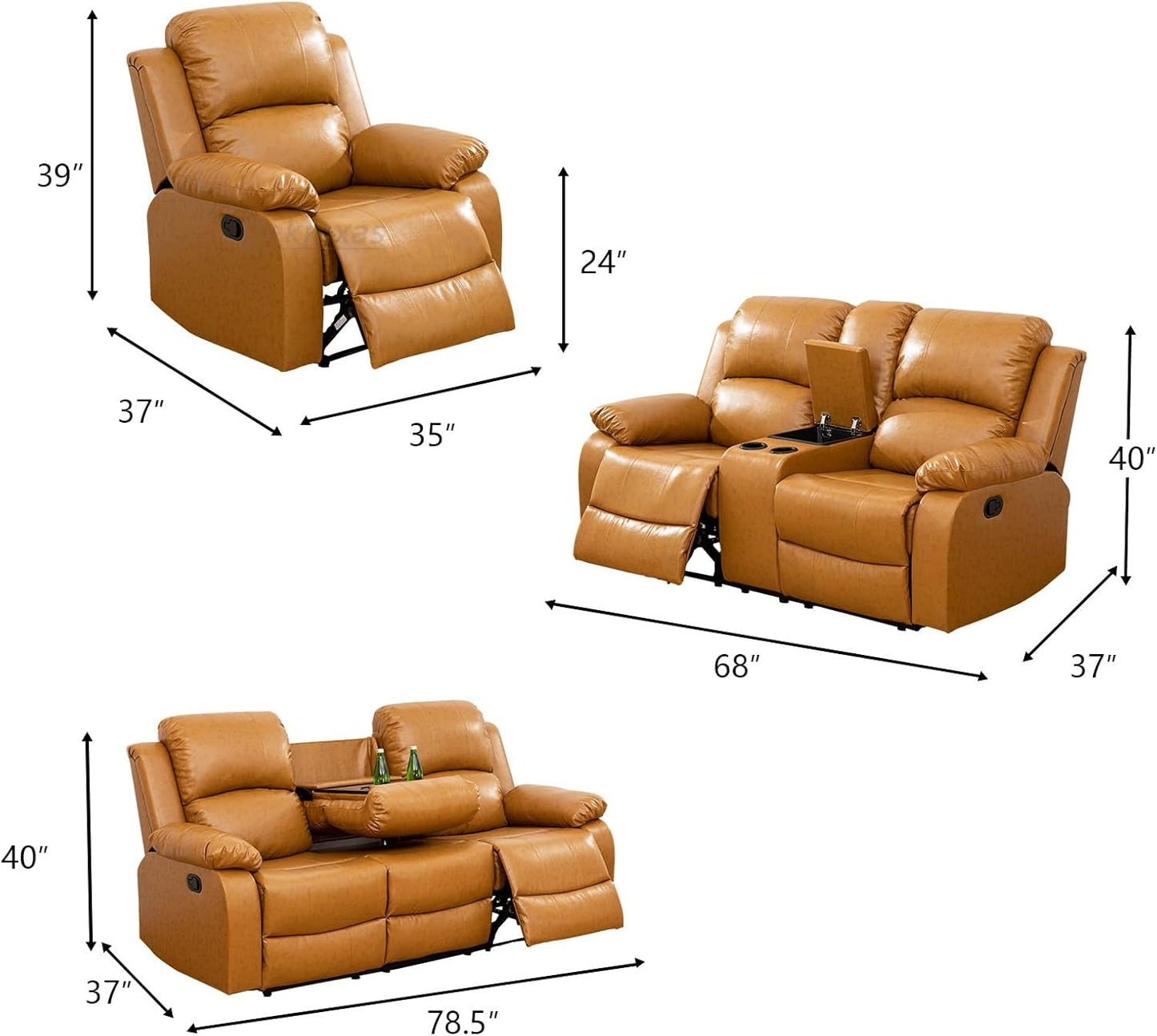 Manual Reclining Sofa 3 Seater Recliner Sofa Couch Living Room Furniture Modern Leather Reclining Sofa with Cup Holders & Flip-Down Table for Living Room/Office/Rv Car (Ginger, 3 Seater Sofa)-1