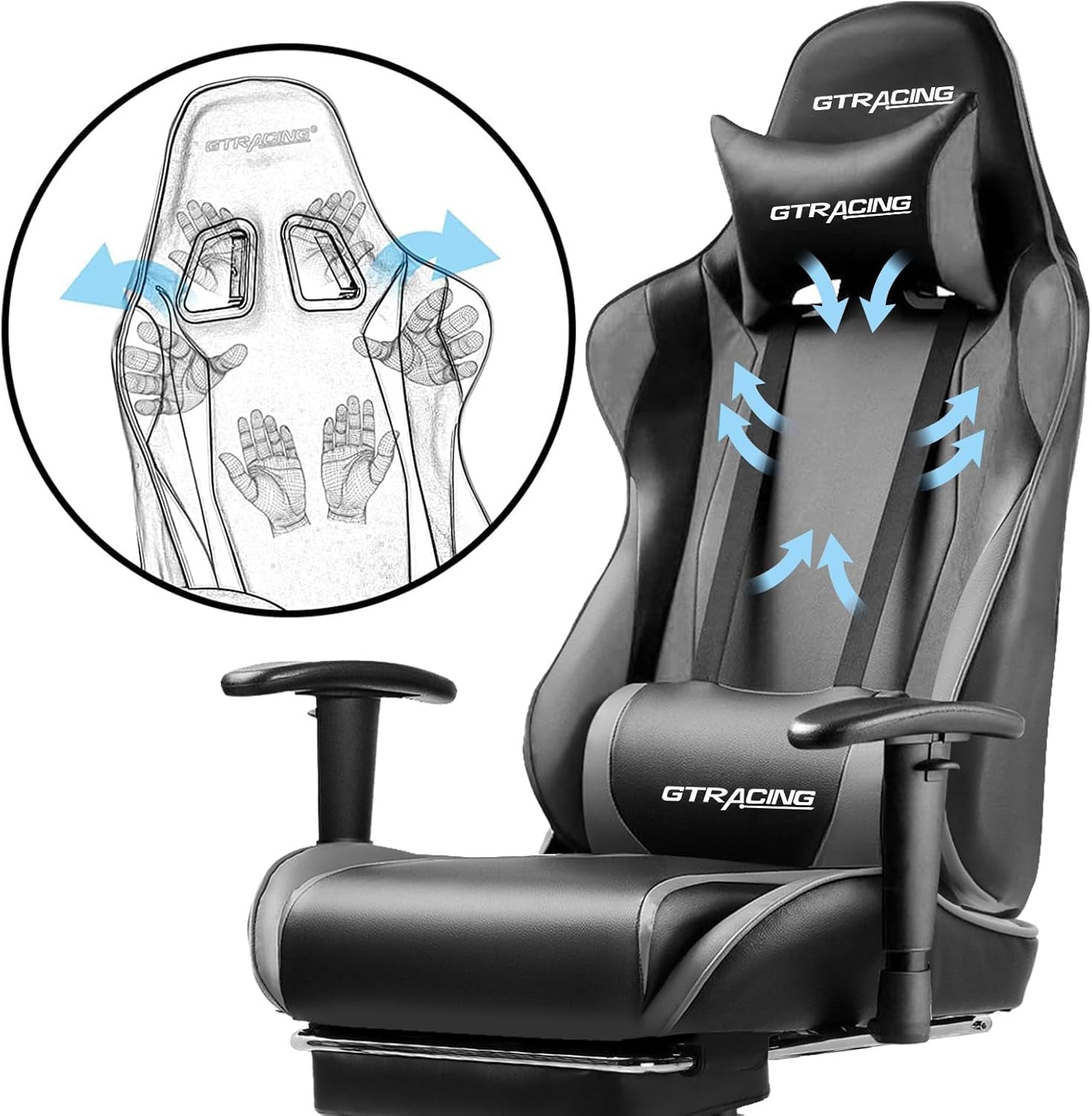 Gaming Chair with Footrest, Ergonomic Computer Game Desk Chair, Reclining Gaming Chair Seat Height Adjustment, Swivel Rocker with Headrest and Lumbar (Gray)-4