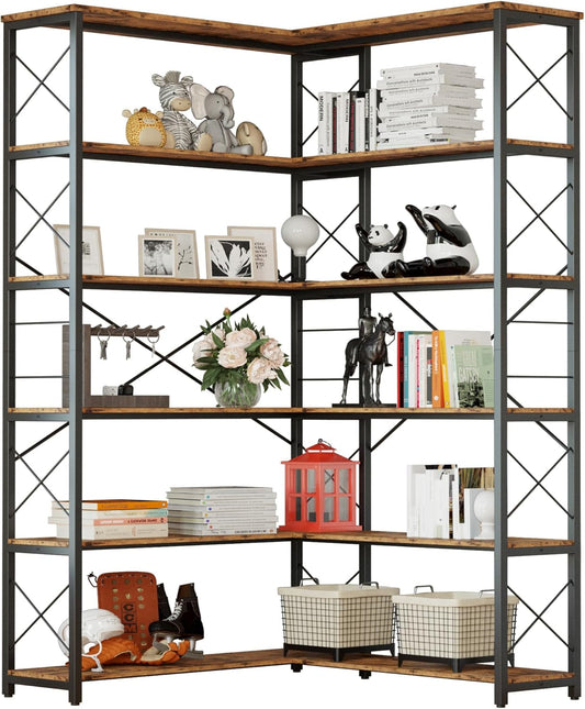 6-Shelf Corner Bookcase, Vintage Industrial Corner Bookshelf Etagere Bookcase, 6 Tiers Corner Shelf Storage Rack with Metal Frame for Living Room Home Office-0