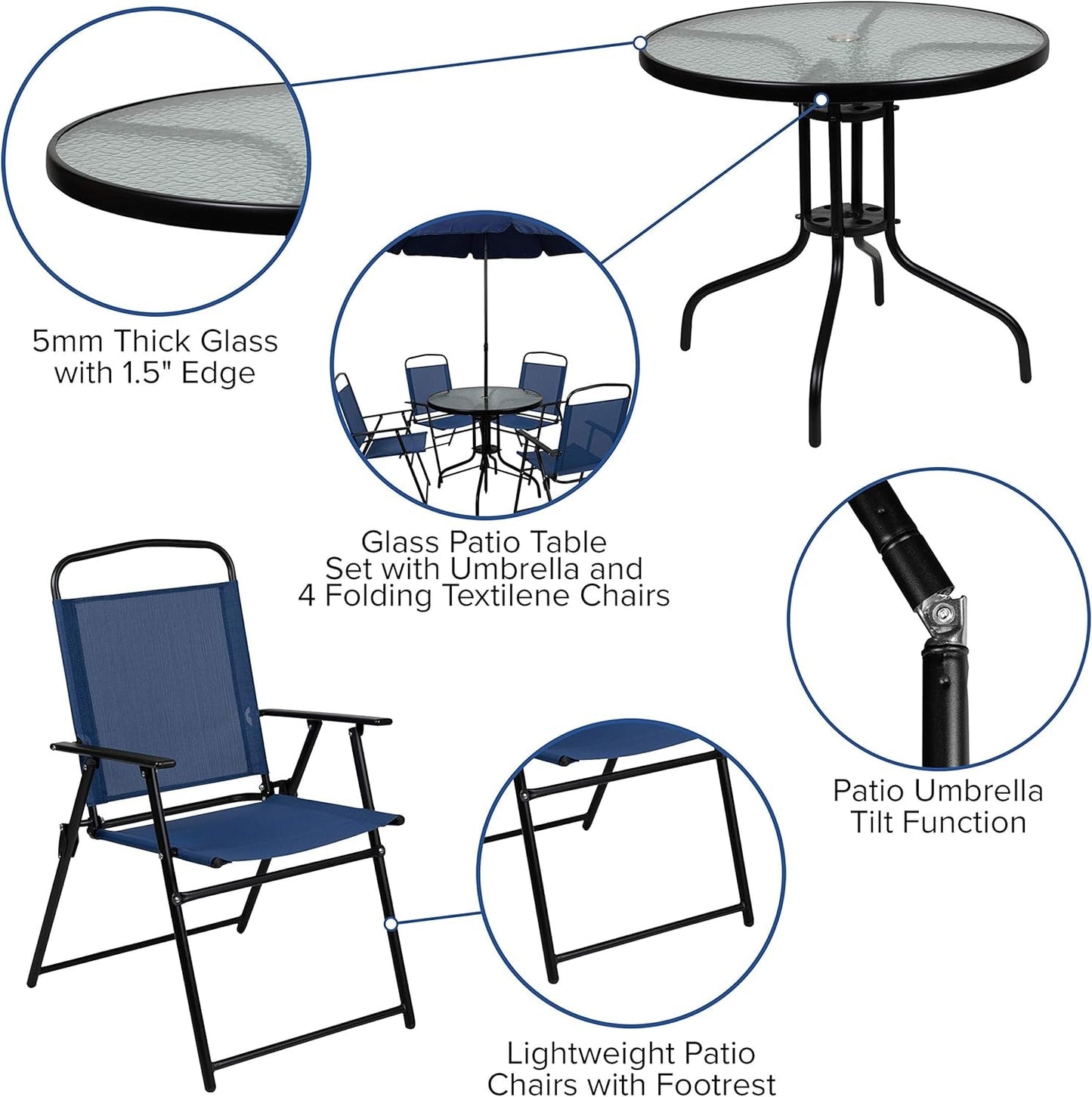 6 Piece Navy Patio Garden Set with Table, Umbrella and 4 Folding Chairs-2