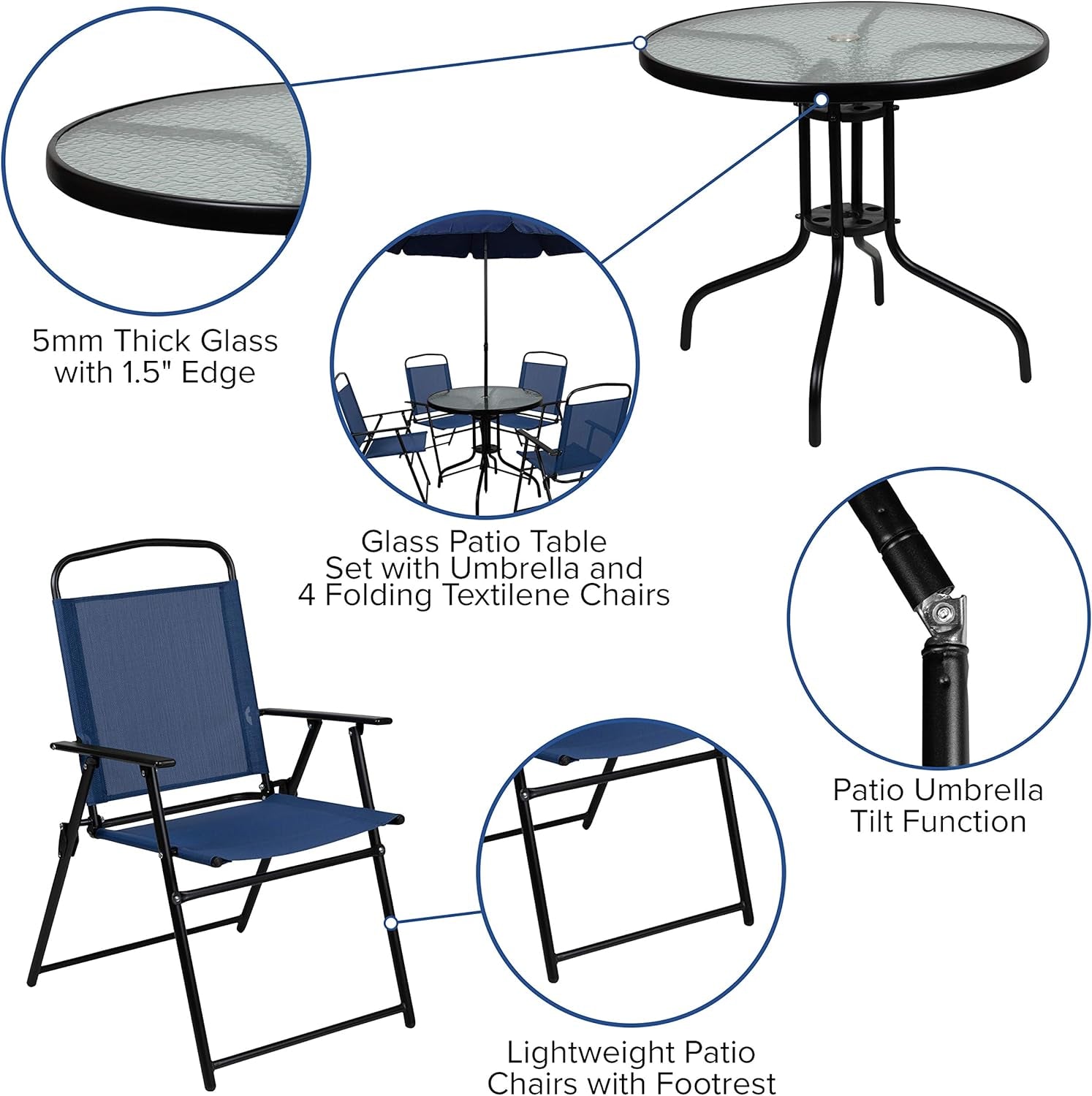 6 Piece Navy Patio Garden Set with Table, Umbrella and 4 Folding Chairs-2