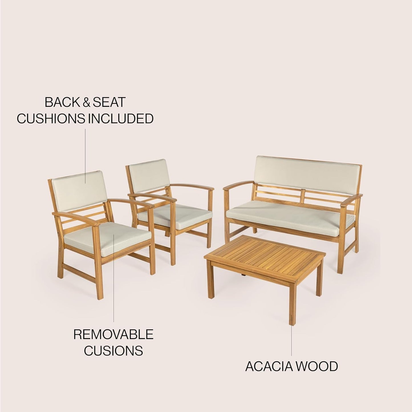 LVG1000A-4SET Barclay 4-Piece Modern Coastal Acacia Wood Conversation Outdoor Patio Set with Cushions Transitional, Classic, Traditional, Vintage, Mid-Century, Light Gray/Teak Brown-2