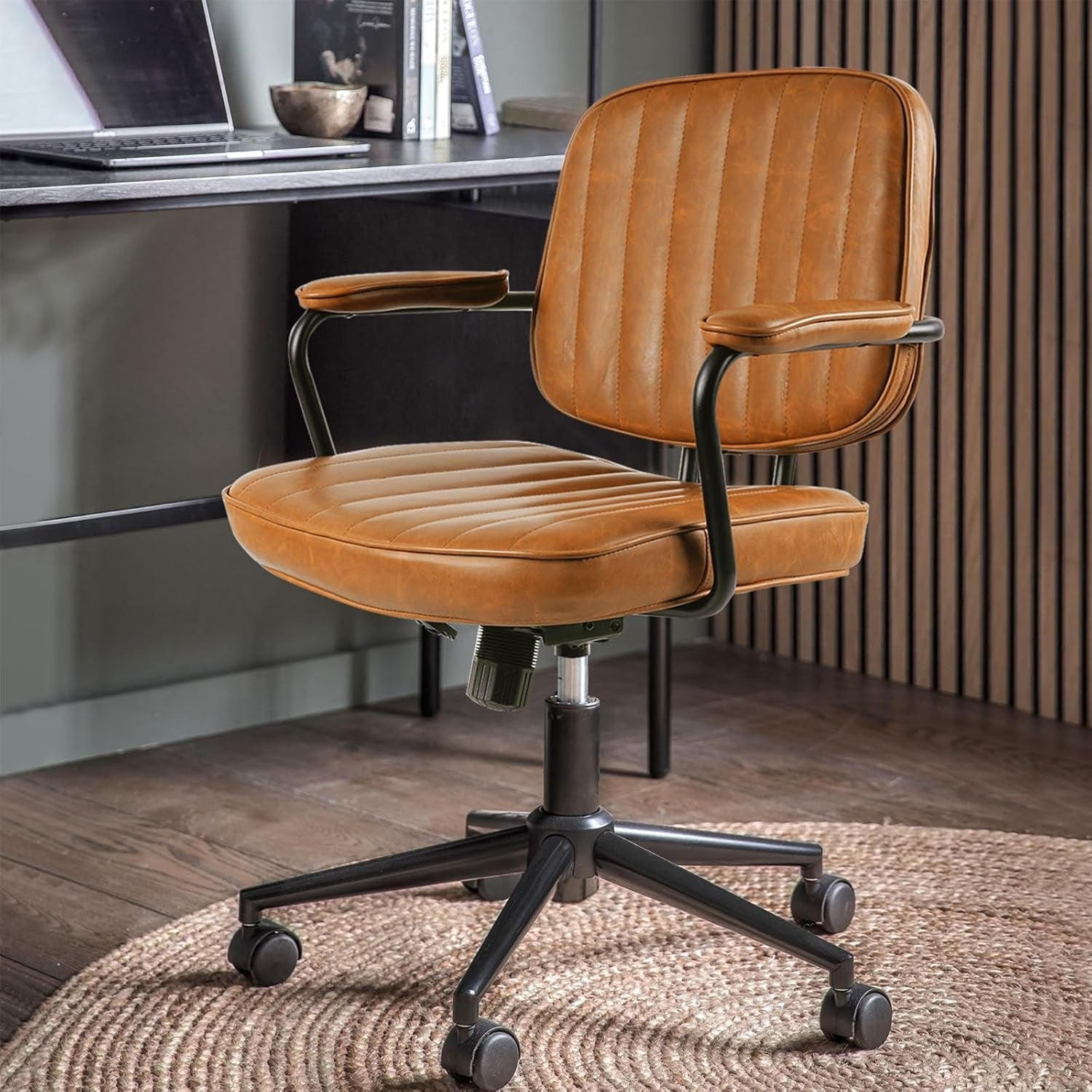Mid Century Desk Chair Leather Office Chair Brown Office Desk Chair Home Office Chair with Wheels and Arms-2