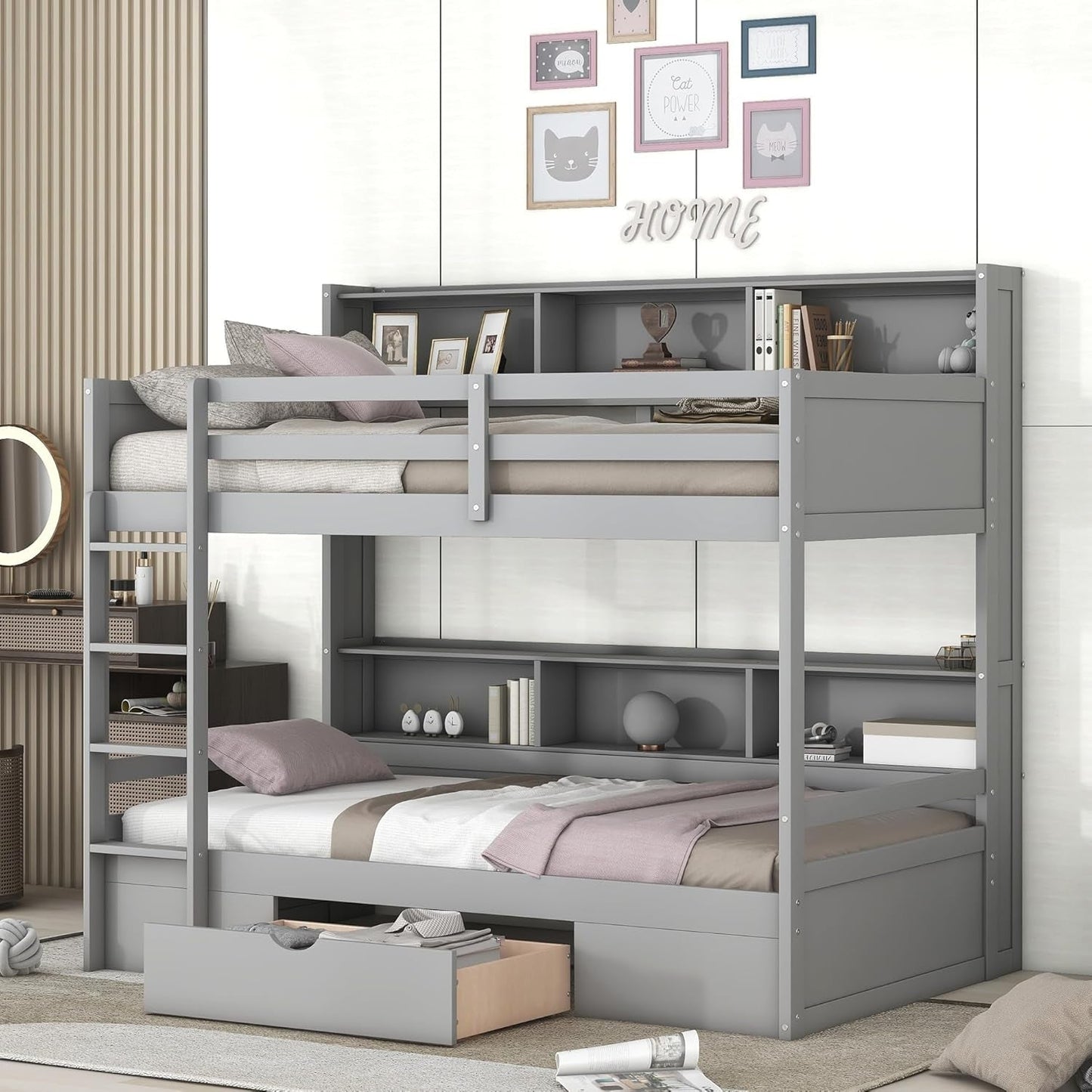 Twin over Twin Bunk Bed with Storage Drawer, Solid Wood Bunk Bed with Built-In Shelves beside Both Upper and down Bed, for Kids Teens Adults (Gray)-3
